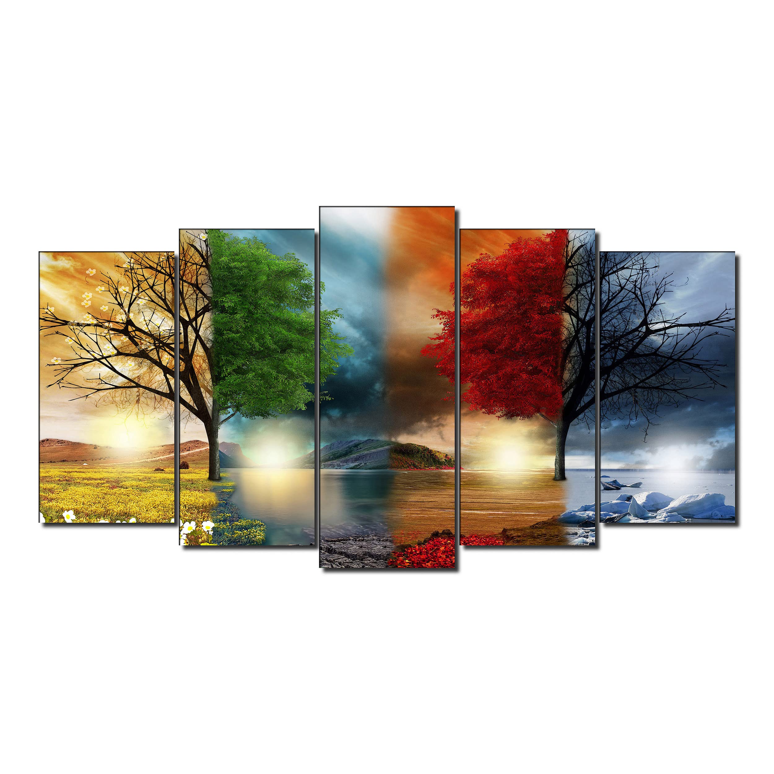 DekoArte - Cuadros Modernos Impresión Imagen Artística | 5 Piezas 150x80cm | Lienzo Decorativo Para Tu Salón o Dormitorio | Estilo Paisaje Cuatro Estaciones del año Árboles Rojo
