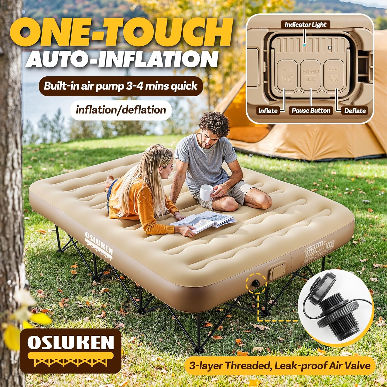 Upgraded Queen Inflatable Air Mattress with Frame, Self-Inflating Air Mattress Built in Pump Strong Support, Blow Up Queen Airbed Folding Camping Bed for Camping, Home, Guests, Portable Travel