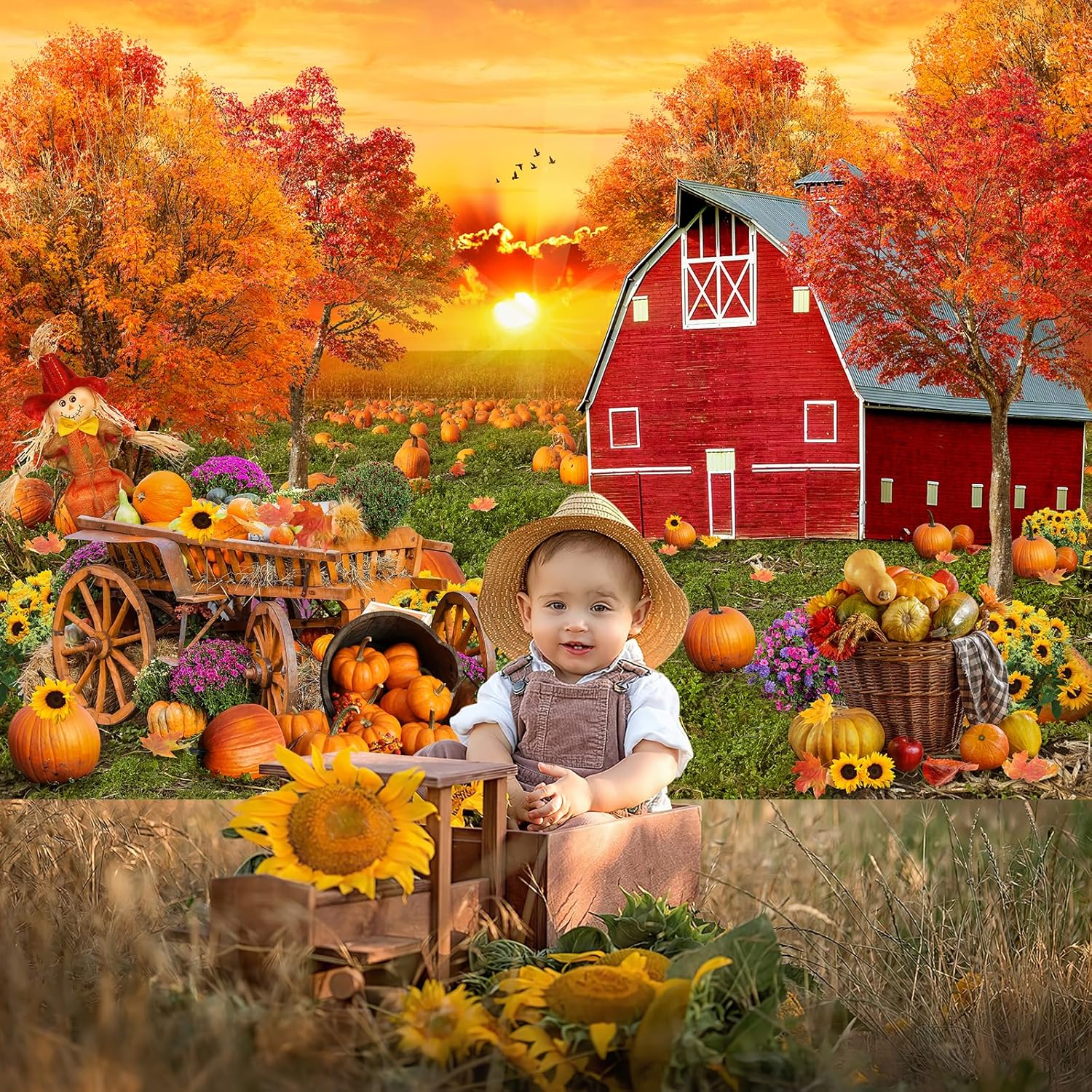Avezano Fall Red Farm Backdrop Autumn Pumpkin Patch Background Fall Backdrop for Photography Fall Harvest Party Banner Decorations Photobooth (10x7ft)
