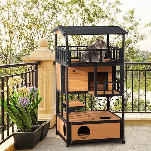 Miniatura 2 de PawHut Casa de madera para gatos para exteriores, árbol de gatitos con techo de asfalto, puertas de escape, condominio, plataforma de salto, amarillo