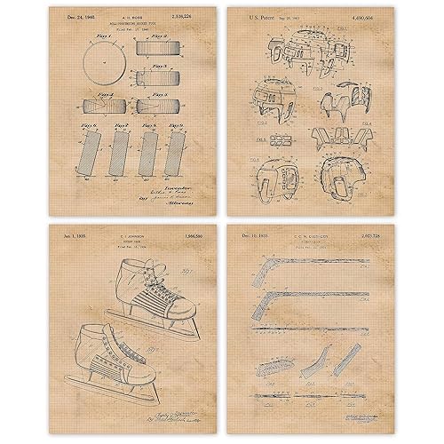 Vintage Hockey Patent Prints, 4 (8x10) Unframed Photos, Wall Art Decor Gifts Under 20 for Home Office Man Cave Garage Shop College Student Teacher