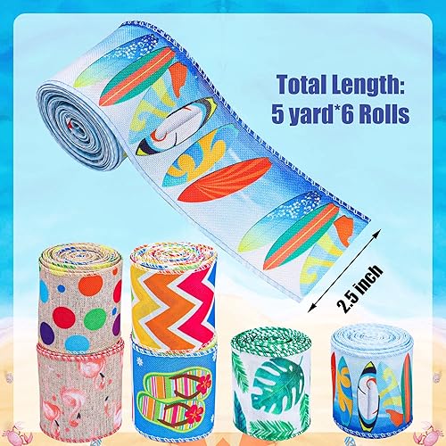 Miniatura 2 de 6 rollos de cinta de verano con alambre para manualidades cintas de arpillera de 25 pulgadas cinta de tela colorida de verano flamenco lunares