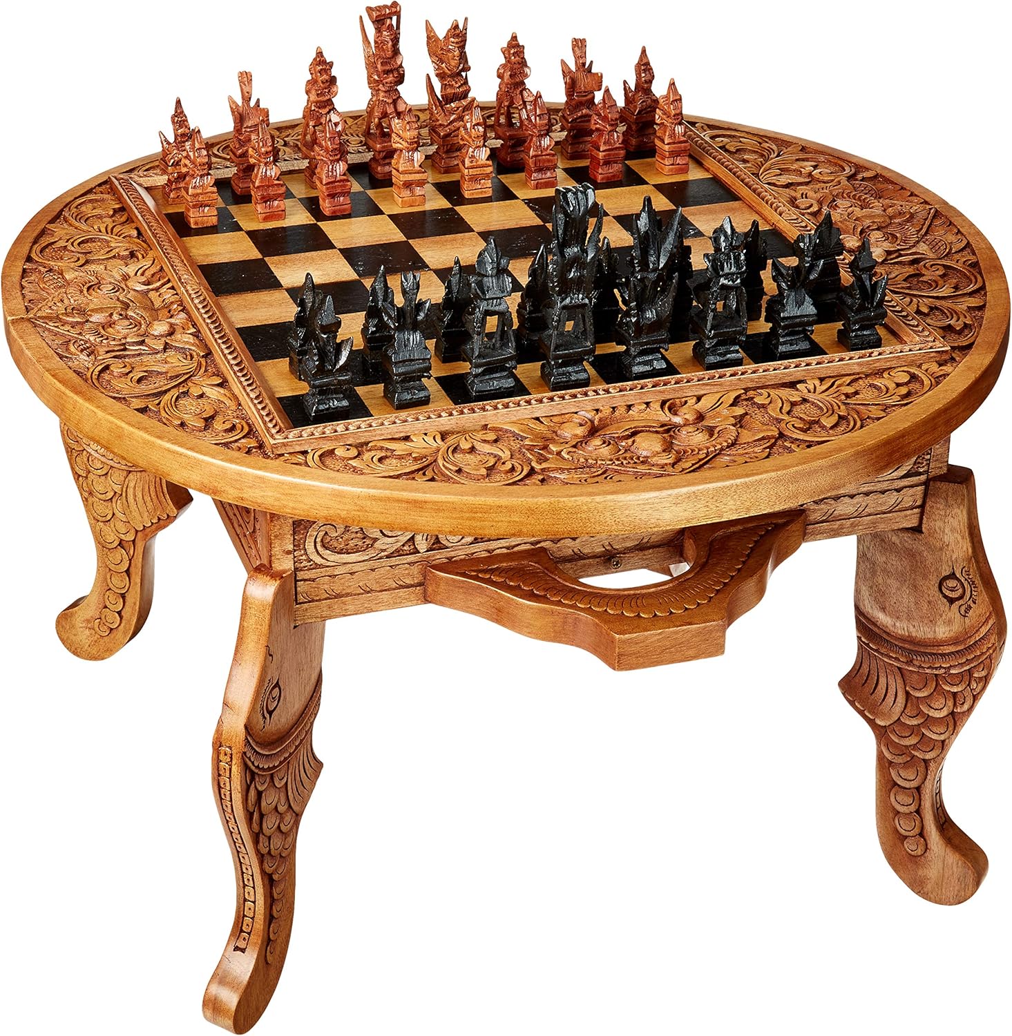 NOVICA Brown Floral Wood Chess Sets Games 'Ramayana Flower