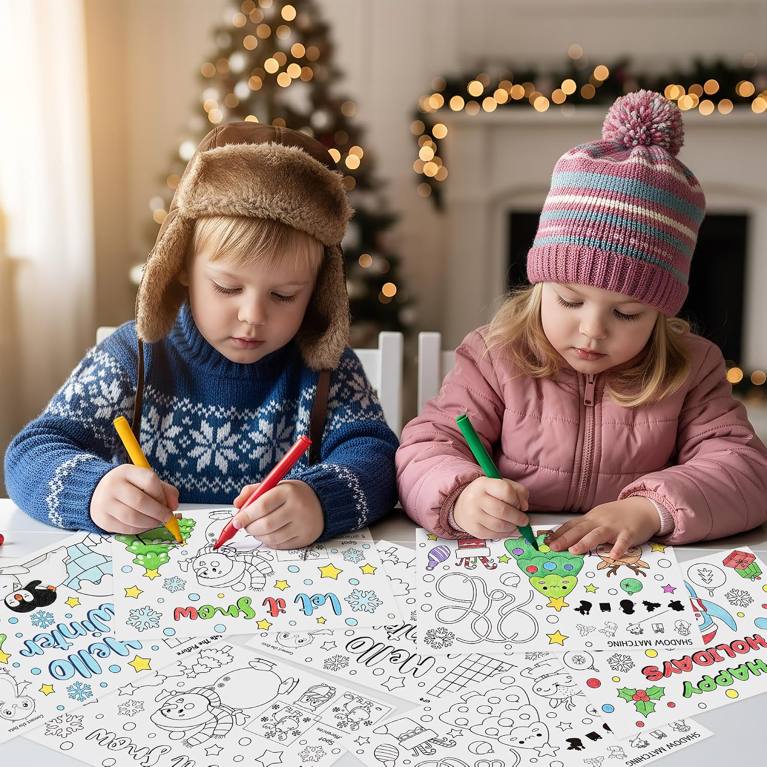 ANGOLIO Winter Game Coloring Pages - 32P Hello Winter Scene Activity Game Coloring Posters for Kids, Happy Holidays Bulk Snowman Penguin DIY Crafts Classroom Home Holiday Party Supplies Christmas Gift