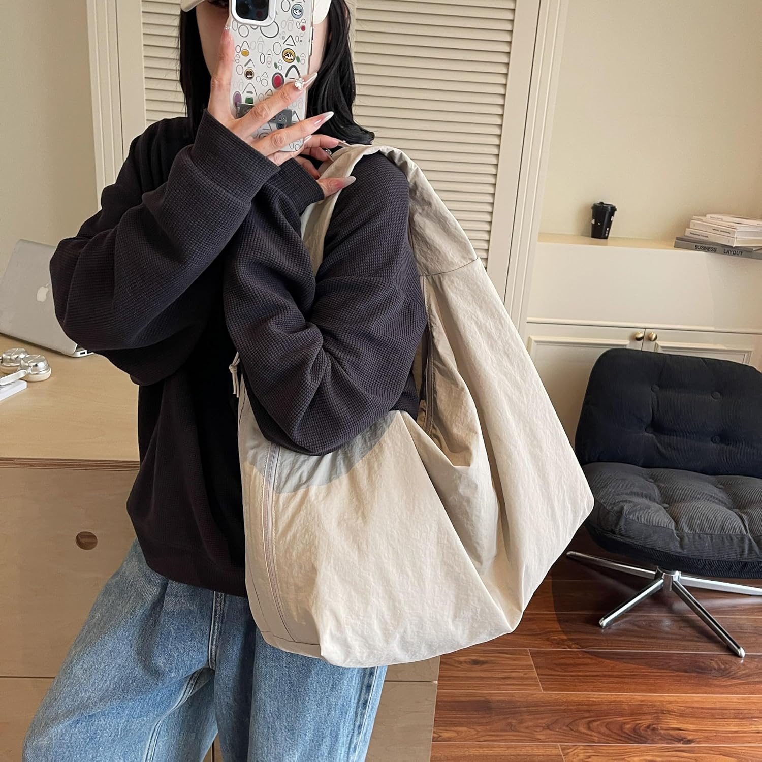 Women Solid Color Slouchy Tote Bag Large Capacity Shoulder Purse Versatile Underarm Bag Hobo Bag Travel Vacation