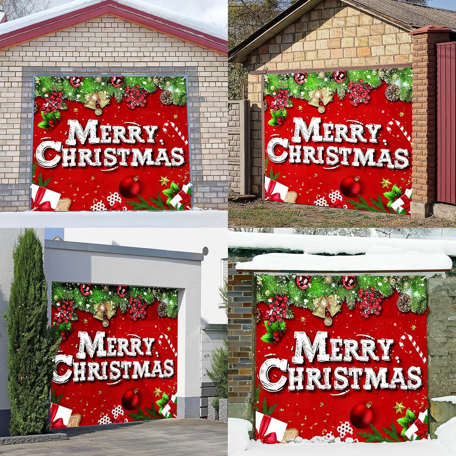 Upgraded 𝐌𝐚𝐠𝐧𝐞𝐭𝐢𝐜 Christmas Garage Door Cover 7x8 Ft, 1-Car Garage Door Christmas Cover with Merry Christmas Design, Garage Door Banner Christmas Decorations (Magnets*4 Included)