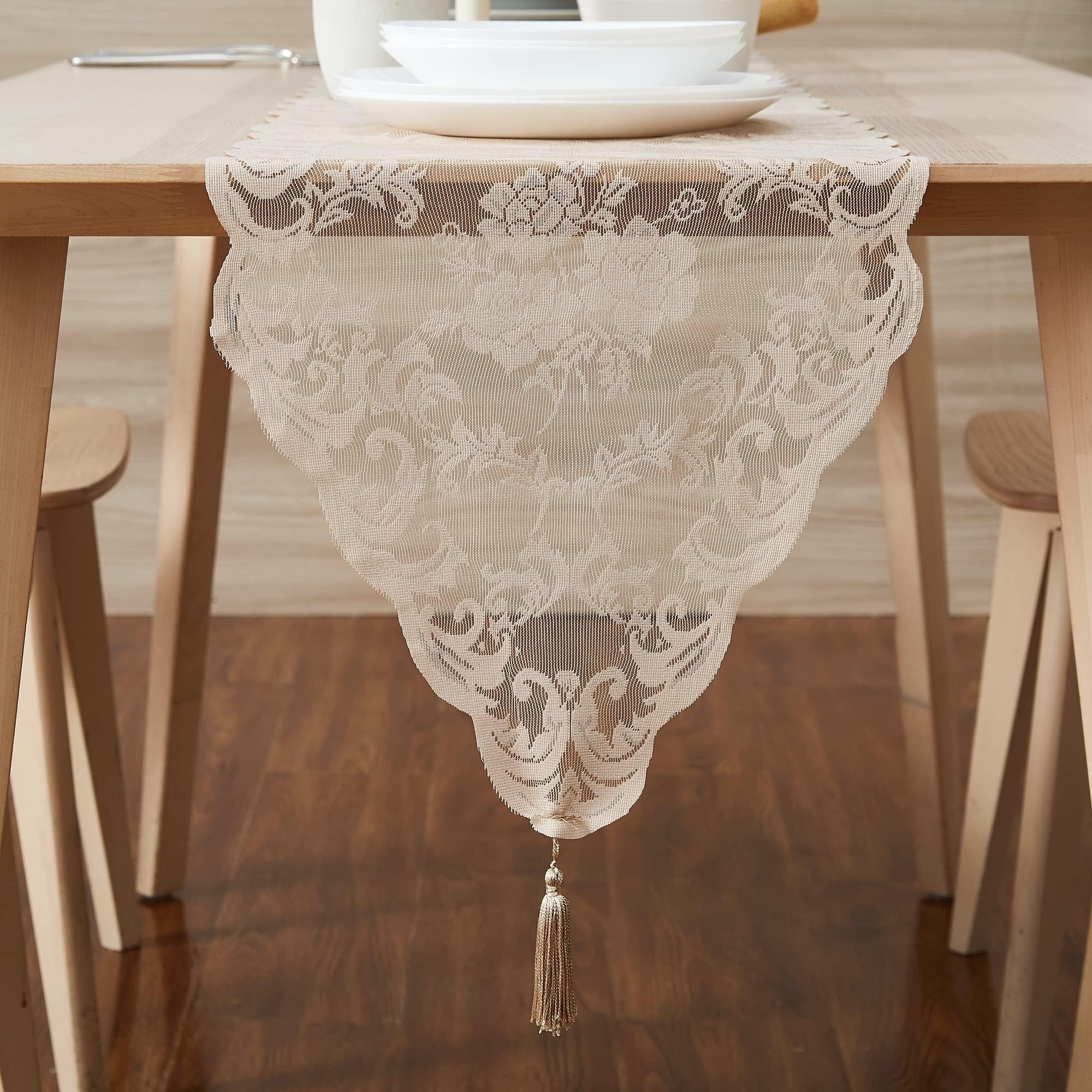 WARM HOME DESIGNS Thanksgiving Table Runner. Short Length 14 x 36 Linen Overlay. Lace Table Runner Features Rose Design & 2 Attached Tassels. Wedding Scarf from Lace Fabric. MTR Linen 36"