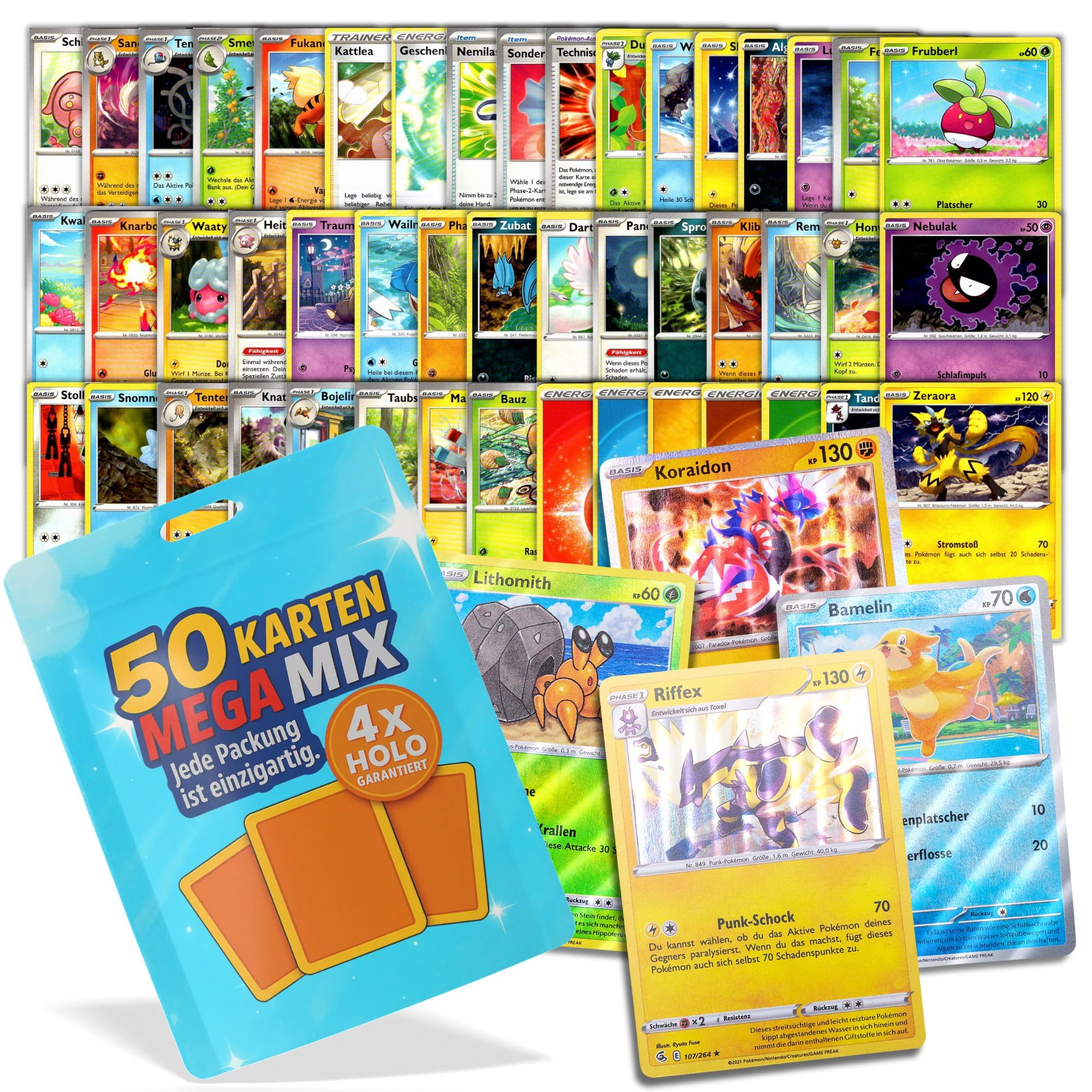 Cardmex Sammelkarten Set Mega Mix – 50 unterschiedliche Monster- & Trainer-Karten in Folienbeutel kompatibel mit Pokémon Karten – inkl. 4 garantierte Holo/Reverse Holo