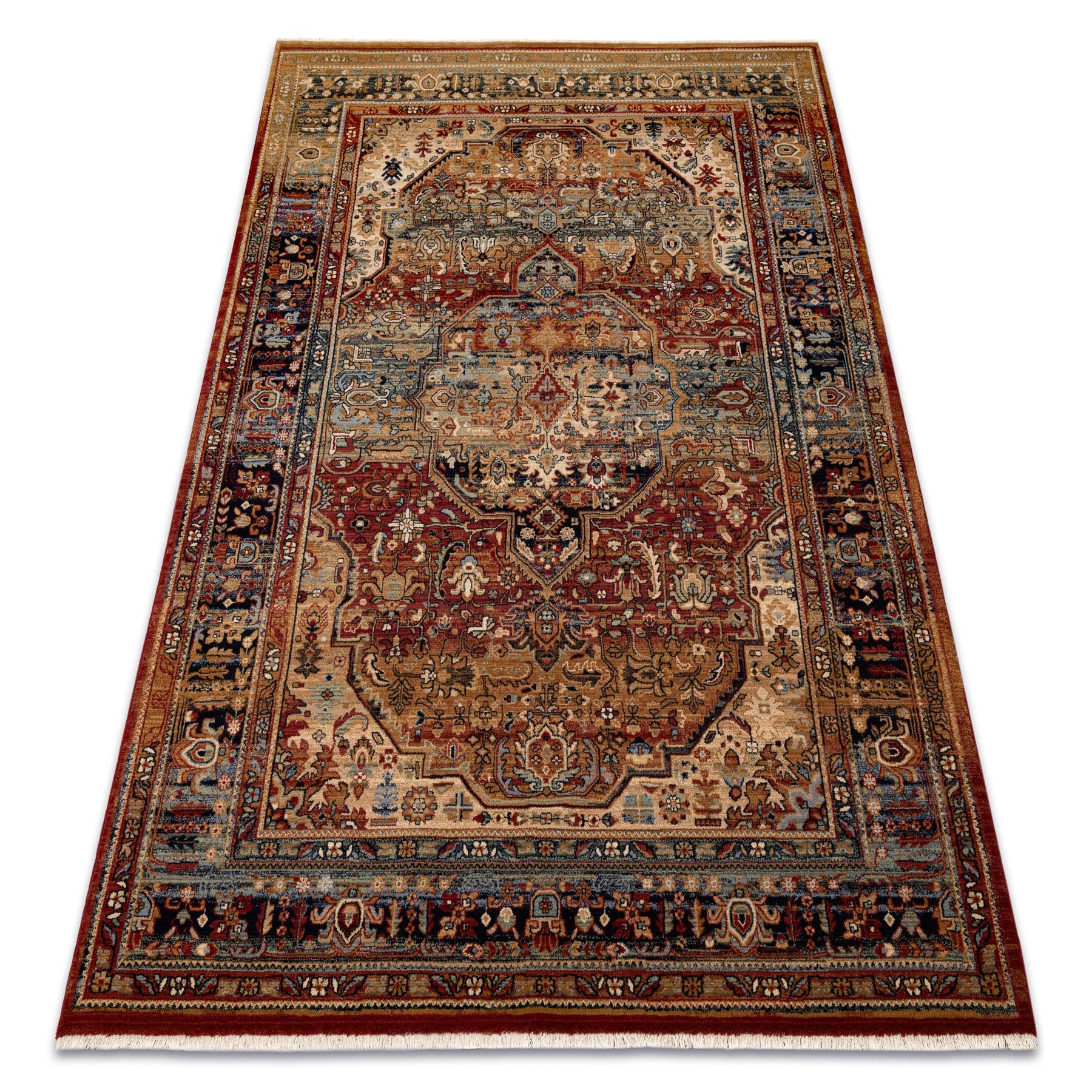 Dywan wełniany KESHAN frędzle, orientalny klasyczny, tradycyjny dywan do sypialni, salonu, wysoka jakość beżowy/ciemnoniebieski 80 x 145 cm