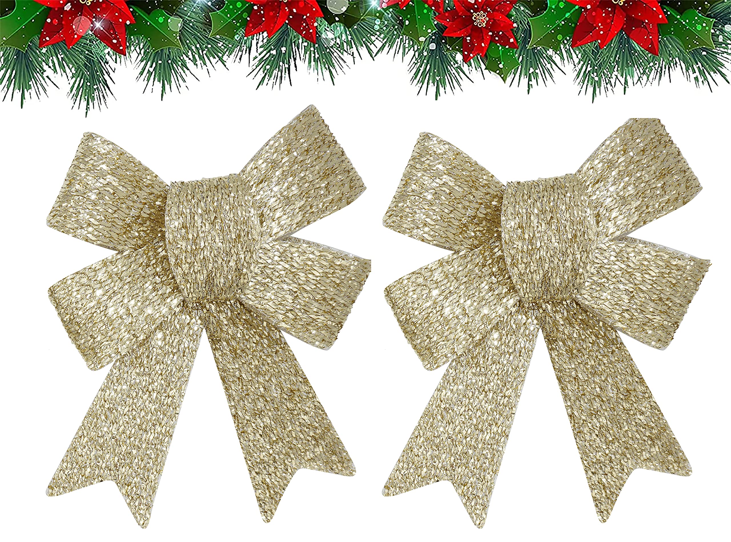 SRV Hub Christmas Bows Decoration, Xmas Tabletop Tree Wreaths Bows for Hanging and Decorating Doors Christmas Crafts Supplies (2Pk- 16cm Gold Glittered Bows)
