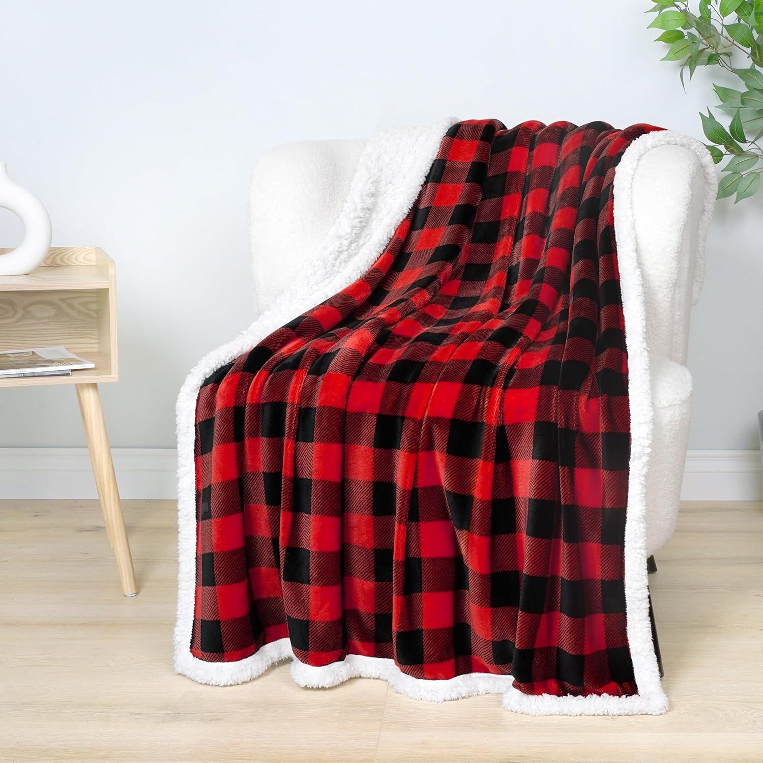 PAVILIA Buffalo Check Sherpa Blanket Throw Queen,Red Black Checkered Flannel Fleece Blanket,Christmas Plaid Warm Plush Microfiber Blanket for Couch Sofa,90x90 Inches - Image 8