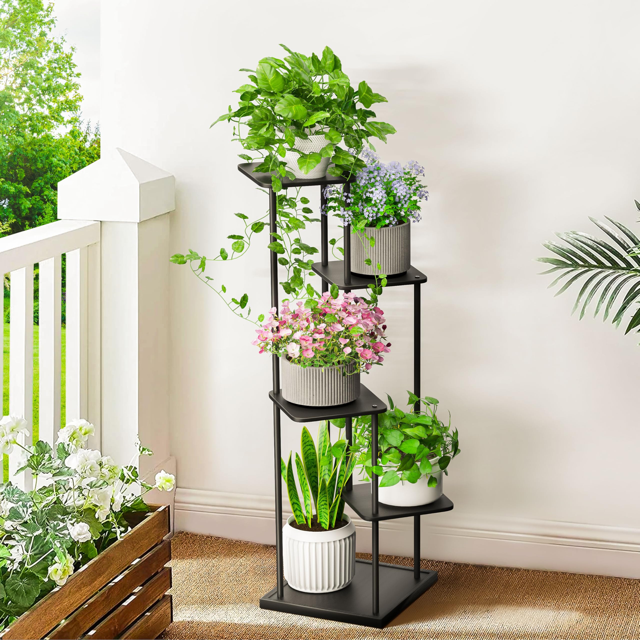 Ribelli 5 Etagen Pflanzenständer, Blumenständer 106 cm, Blumentreppe Blumenregal Pflanzentreppe aus Holz und Metall, Deko für Balkon Garten Wohnzimmer Büro, Schwarz