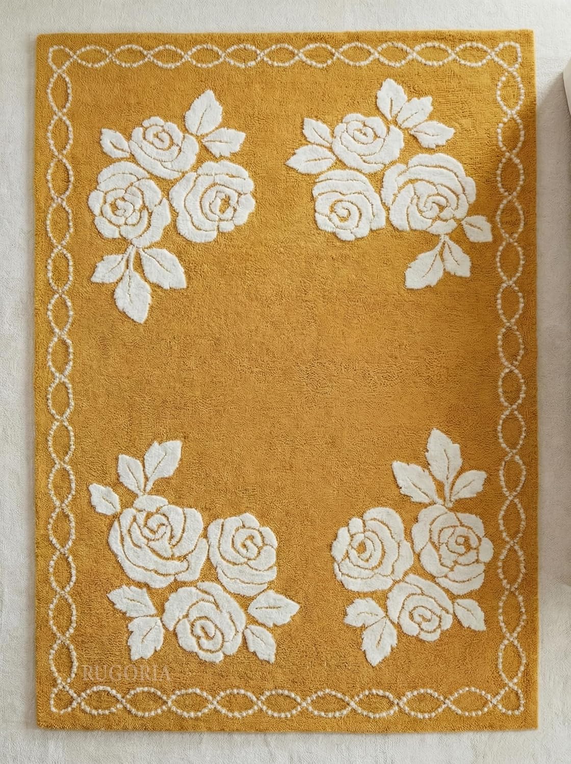 Floral Hand Tufted Wool Area Rug, Rose Pattern with Chain Border, Soft, Plush & Durable Carpet with Cotton Backing for Living Room, Bedroom & Home Interior (Warm Sand, 3' x 5')