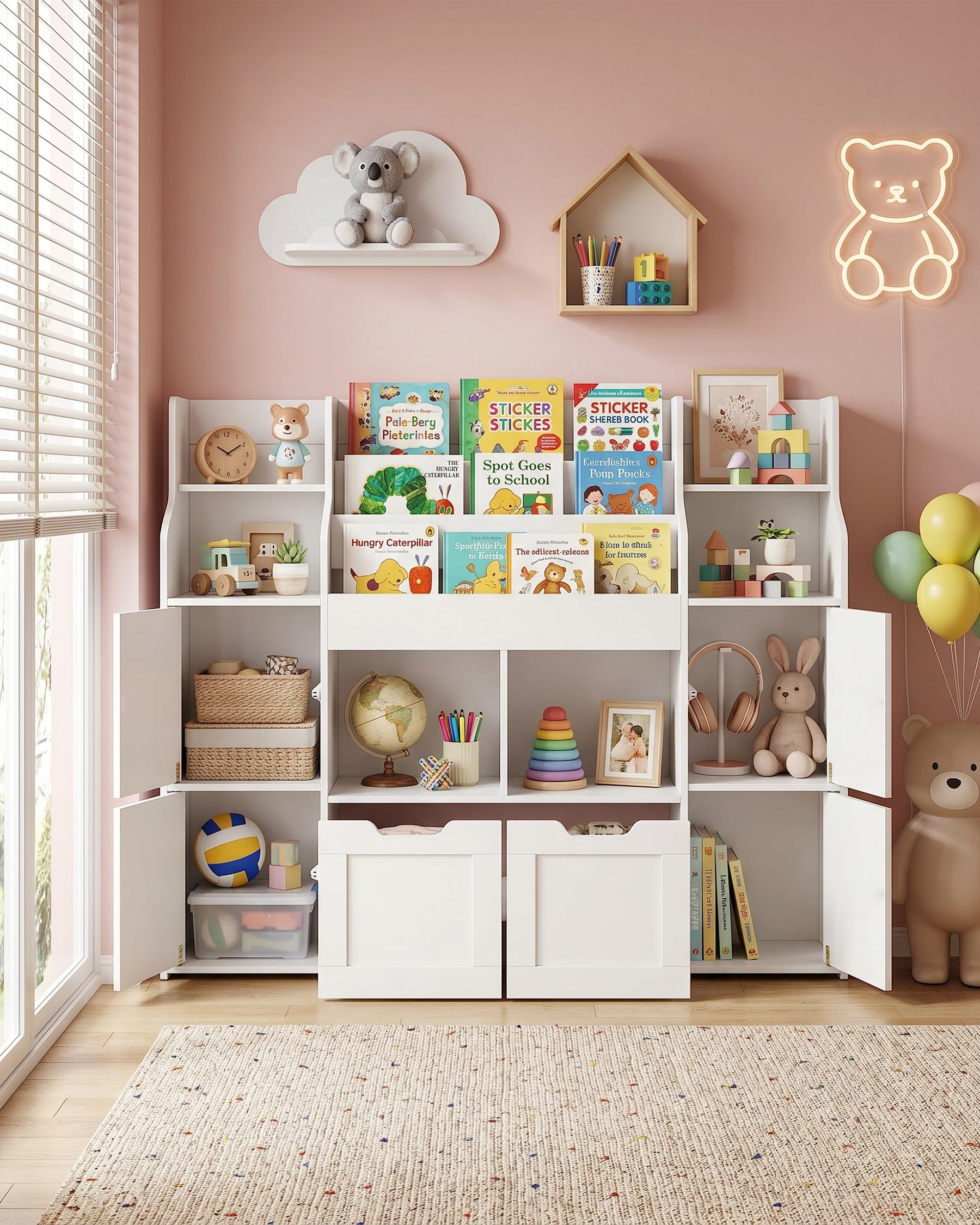 Bibliotheque Enfant avec 2 tiroirs, Blanche Etagere Livre Montessori pour Chambre, Meuble Rangement Jouet sur 8 roulettes, Fixation Murale Stable