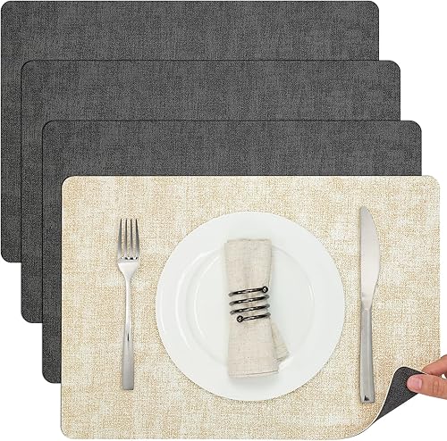 Myir JUN Juego de 4 manteles individuales de doble cara, de piel sintética, para interiores, para mesa de comedor, exteriores, cuadrados,