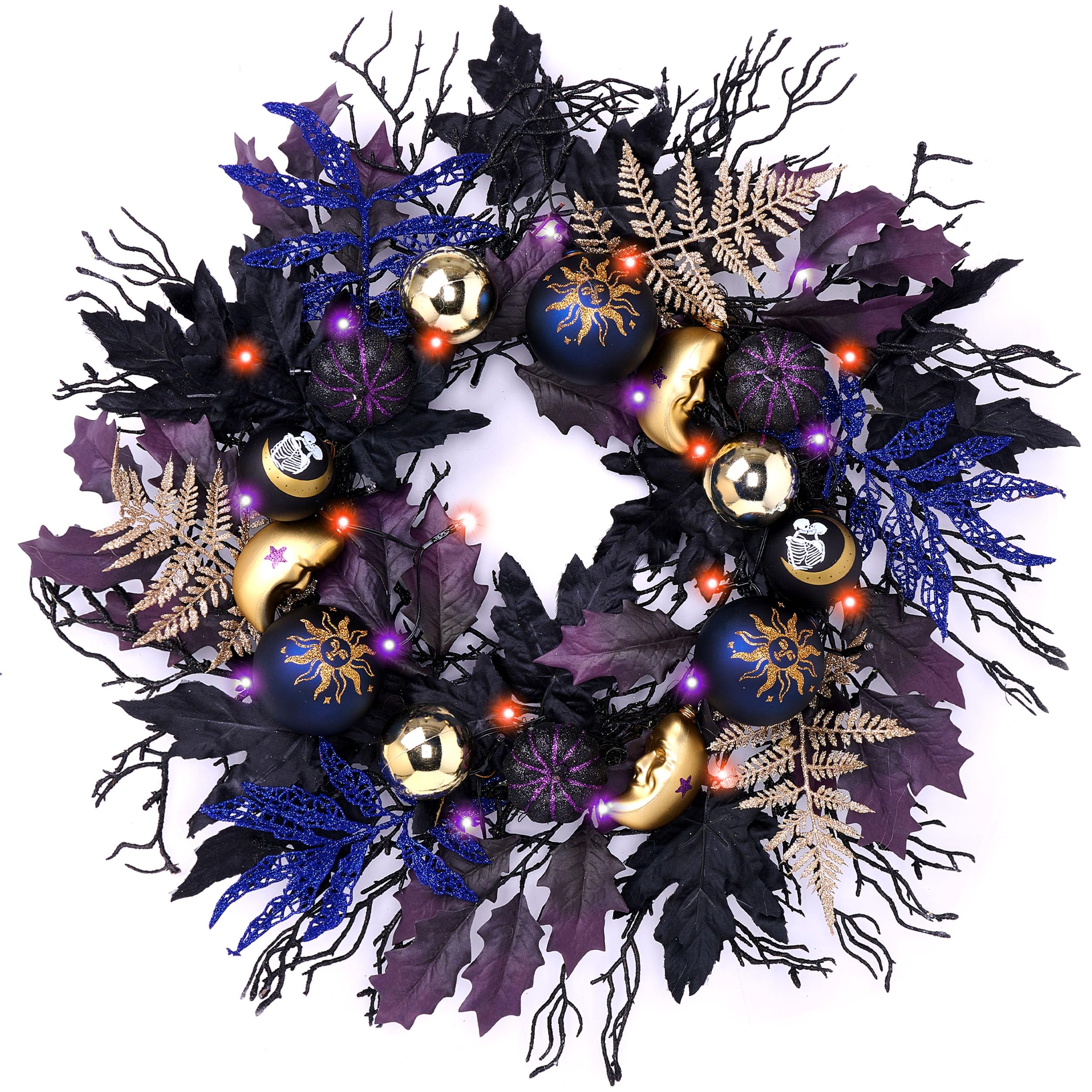 Decorbyhannah - Corona de Navidad plegable, coronas de Navidad para puerta delantera con luces, arrecife artificial para interiores y exteriores, adornos de piña para ventana de mesa (negro y blanco)