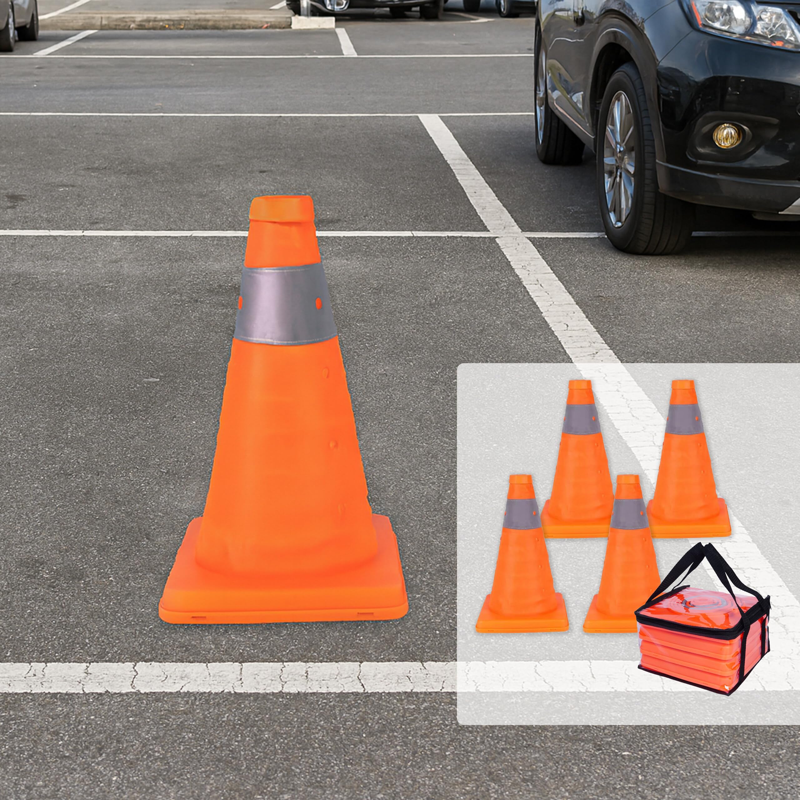 Relaxdays cônes de signalisation, Lot de 4, Pliables, Bandes réfléchissantes, 30 x 19 x 19 cm, Orange/Argent