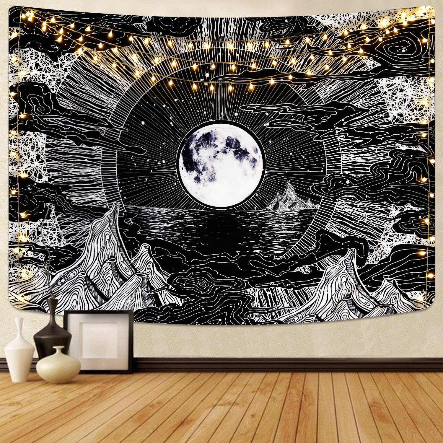 Uspring Moon and Star Tapestry Clouds Tapestries Black Tapestry Psychedelic Mountain Tapestry for Room