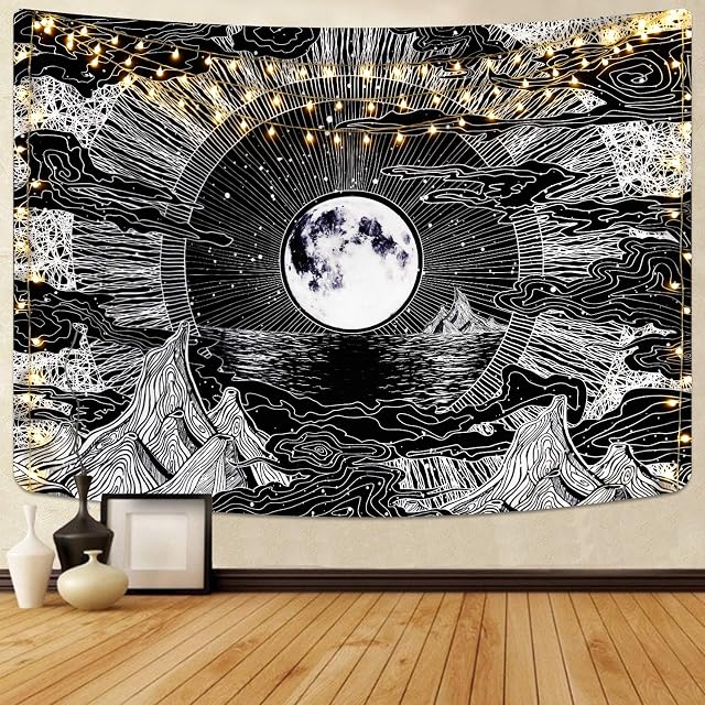 Alishomtll Moon and Star Tapestry psychedelic Moon Mountain Tapestries Star Tapestry Black Decor Natural Tapestries Wall Hanging for Room 51 x 59 inches