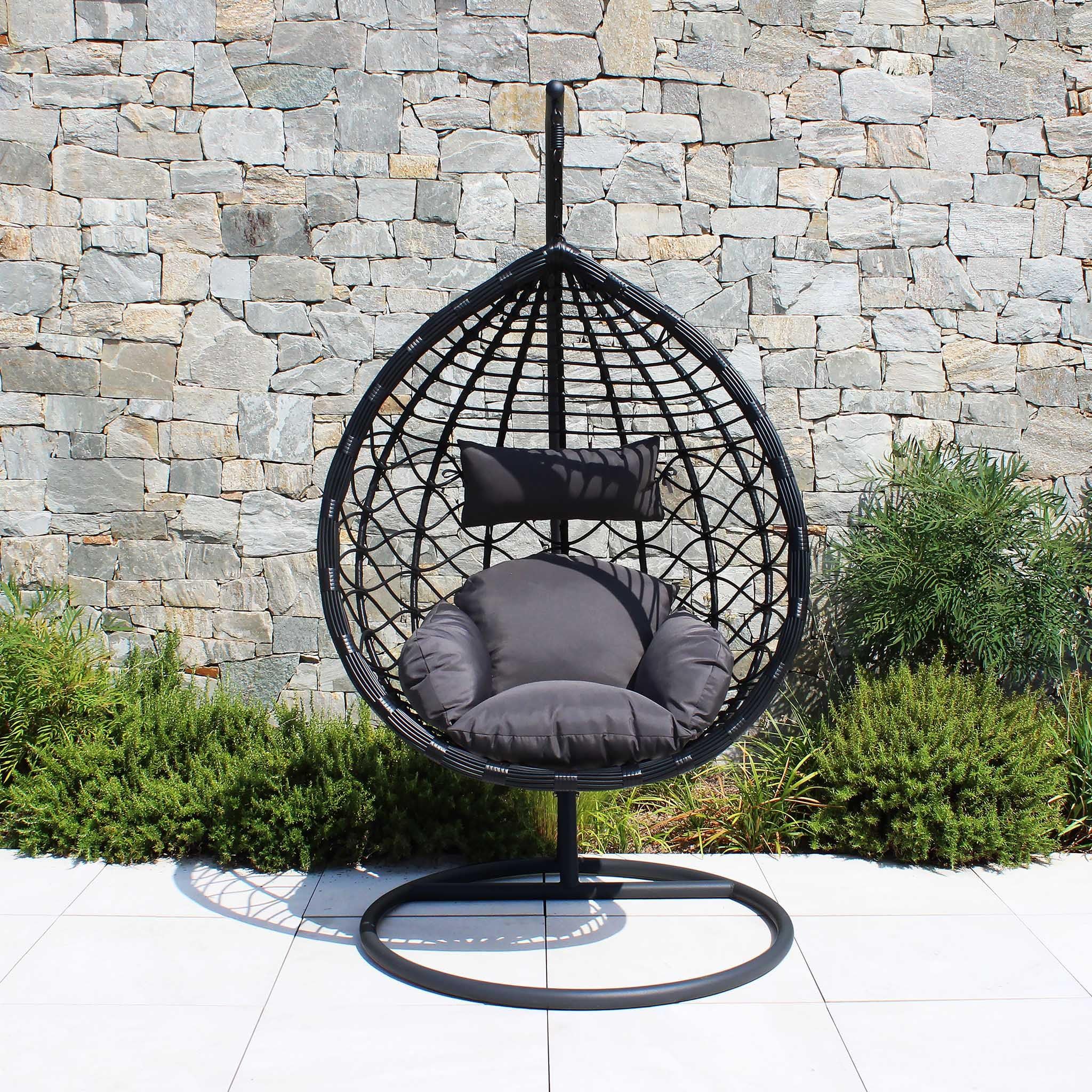 Milani Home - sedia sospesa da giardino in wicker e acciaio con cuscino, poltrona relax per terrazzo e veranda, nero