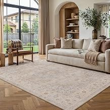 PureCozy 5x7 Beige Area Rug Vintage Washable Living Room Carpet Non Slip Bedroom Indoor Office Low Pile Oriental Traditional Distressed Retro Accent Rug for Dining Room Bathroom Office Kitchen Dorm