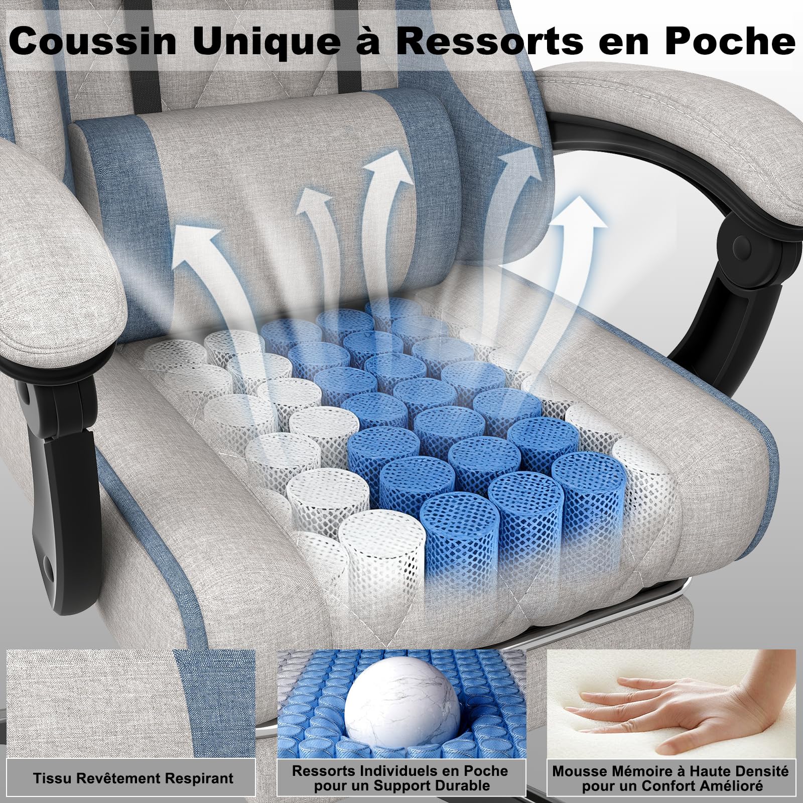 TRIUMPHKEY Chaise de Jeu & Bureau en Tissu | Chambre/Salle de Jeu, Coussin Lombaire Massage USB, Reposes-Bras Sync, Repose-Pieds Rétractable, 360° Pivot, 90-135° Inclinaison, 150KG (Blanc)