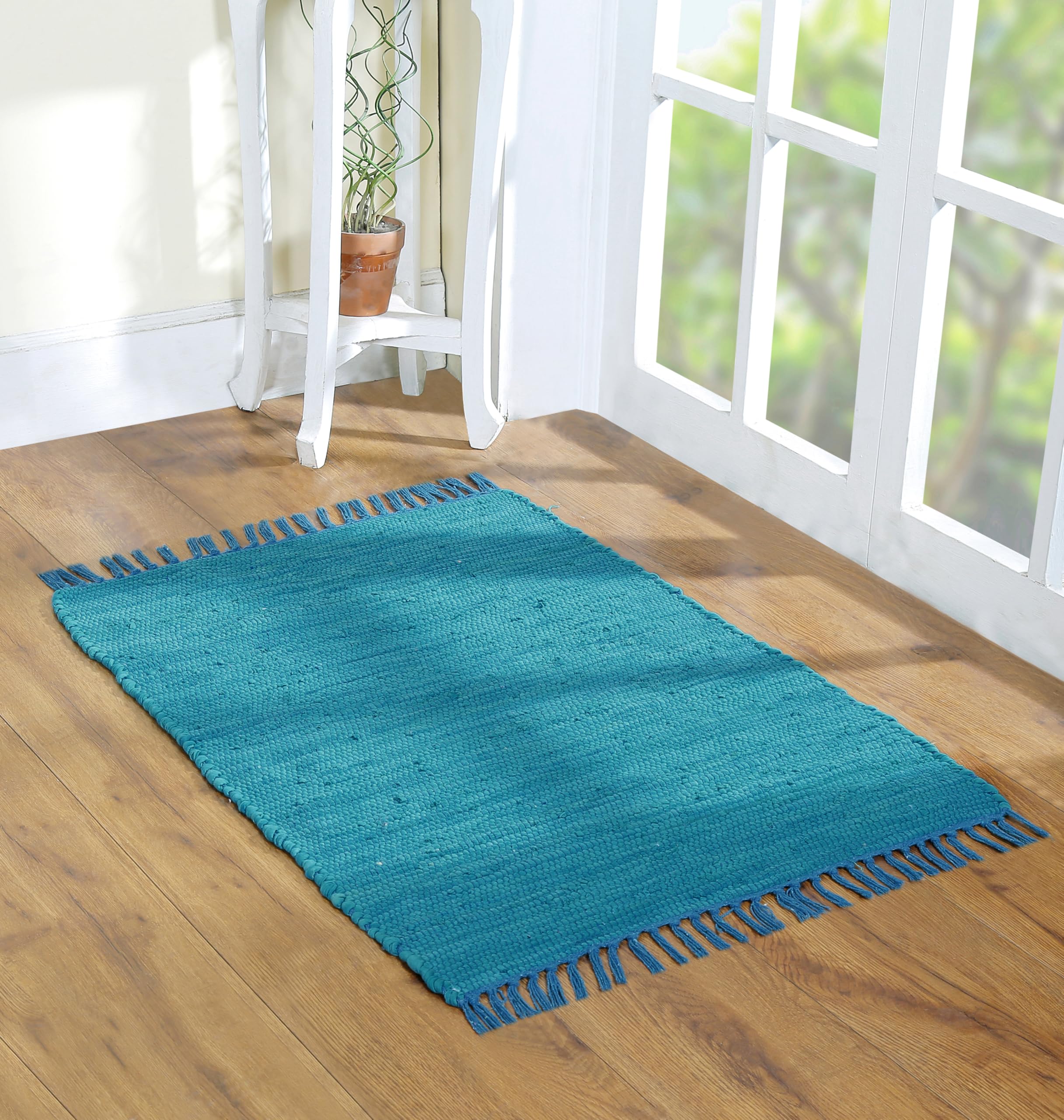 Cotton Rag Rug 24''x36''- Multicolor Chindi Rug - Hand Woven Washable & Reversible for Living Room Kitchen Entryway with Tassel (Aqua Solid)
