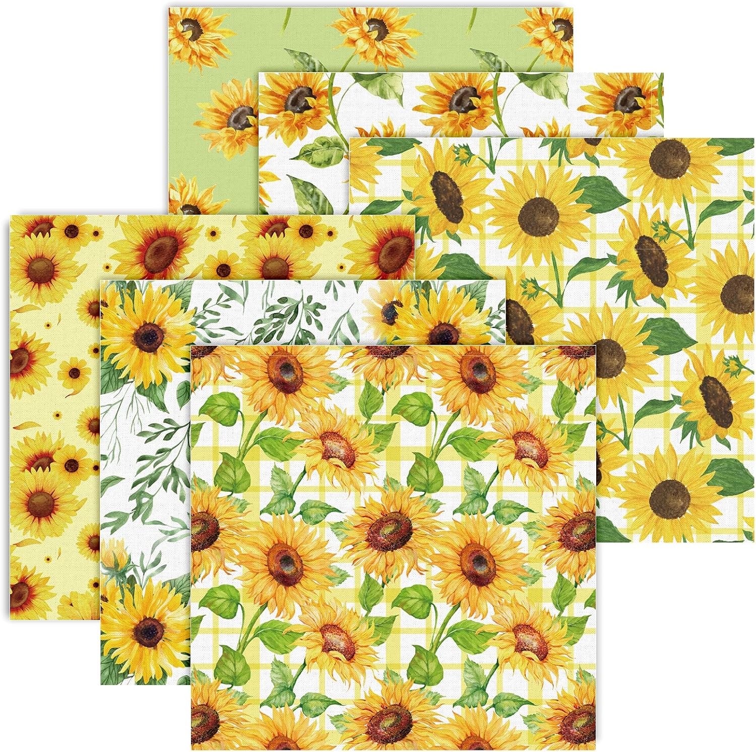 AnyDesign Sunflower Cotton Fabric Bundles 6Pcs Yellow Green Floral Fat Quarters Watercolor Flower Quilting Fabrics 18 x 22 Inch Spring Summer Sewing Fabrics for DIY Projects Home Party Decor