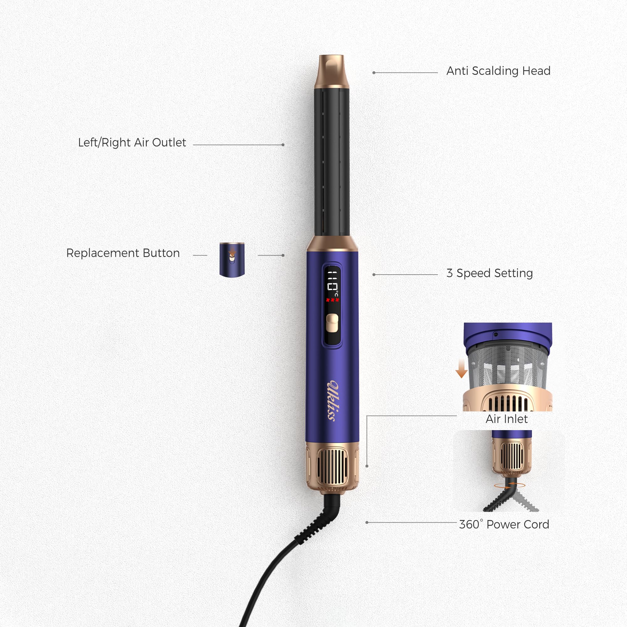 UKLISS Hairstyler 6 w 1 Air Styler Set [z dyfuzorem], Pro Hair Styler Set LCD 1000 W, suszarka do włosów z dyfuzorem, lokówka z okrągłą szczotką, szczotka do włosów, szczotka do włosów, szczotka do