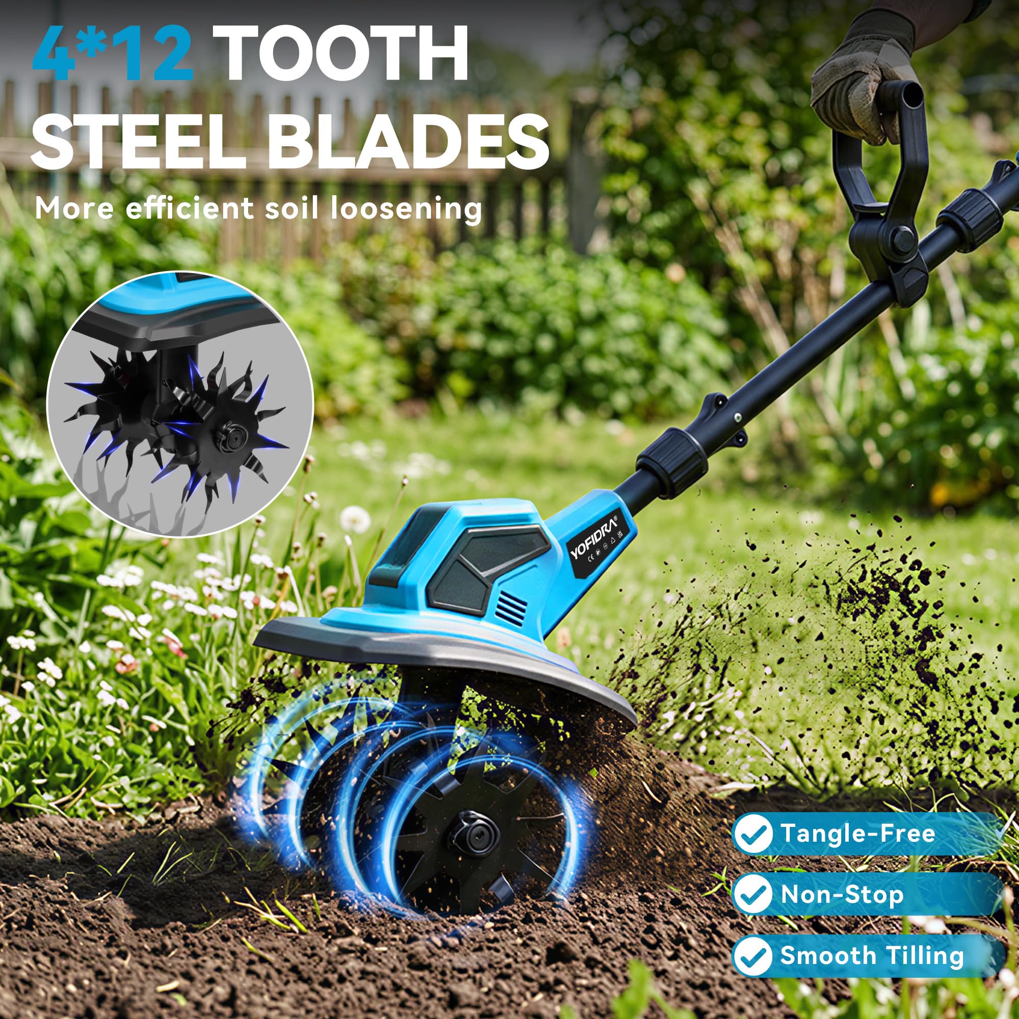 Yofidra Motoazada Electrica - Cultivador de 600W con 23cm de Ancho de Trabajo, 17cm de Profundidad, 2x2.0Ah Baterías, Motoazada Inalámbrica para Jardín