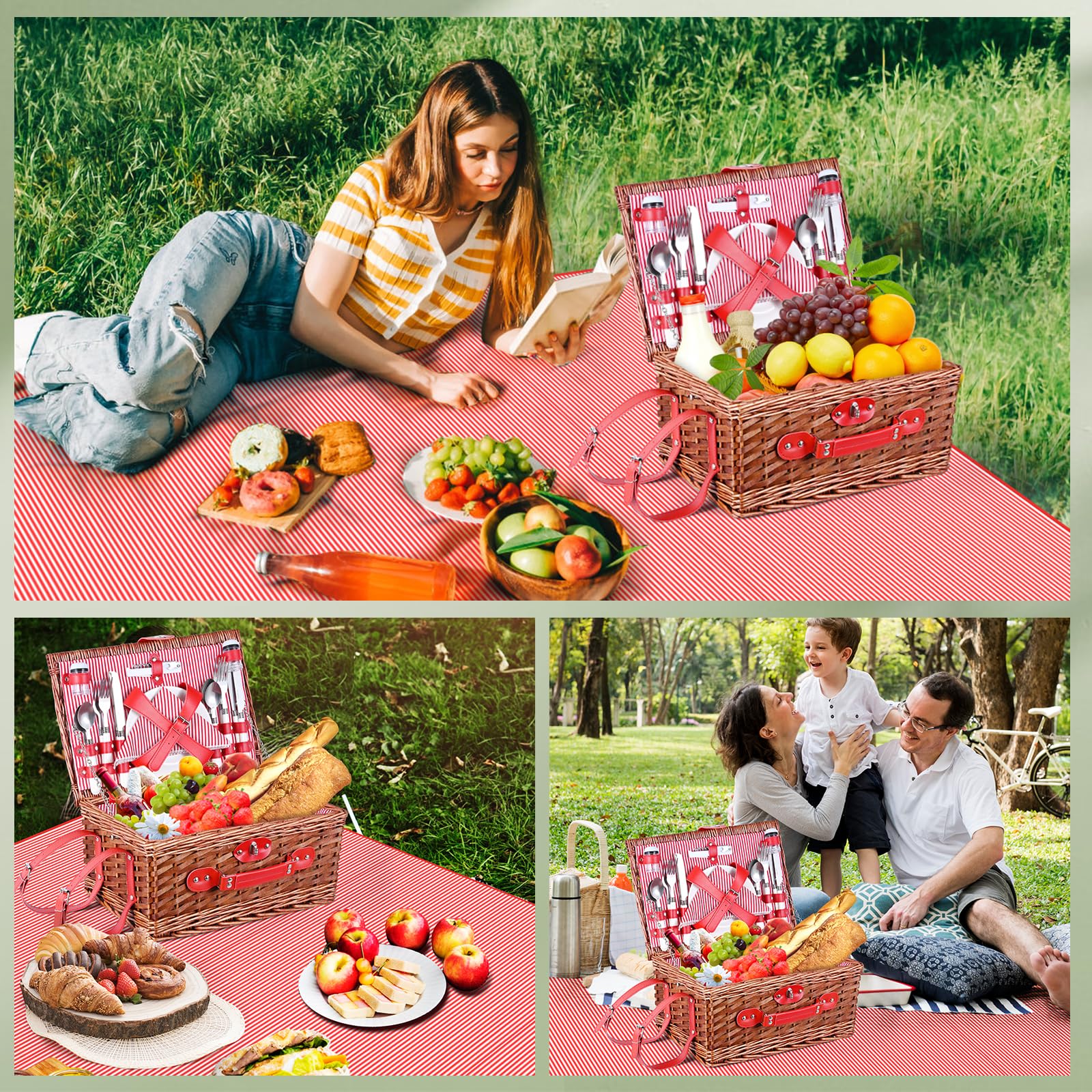 Cesta Picnic 4 Personas,Set de Picnic de Mimbre con Manta de Picnic Impermeable y Juego de Cubiertos, Cesta de Picnic para Camping,Rosa