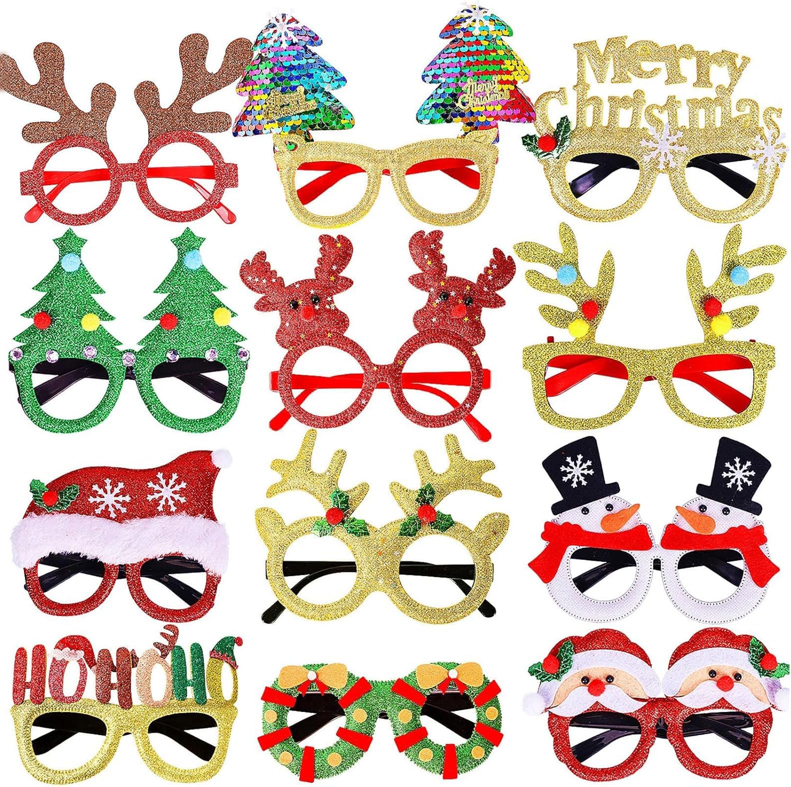 12pcs Christmas Glasses Party Glasses Frames Costume Funny Eyeglasses for Merry Christmas Party Favors Holiday Photo Booth Christmas Decoration Holiday Glasses(One Size Fits All)