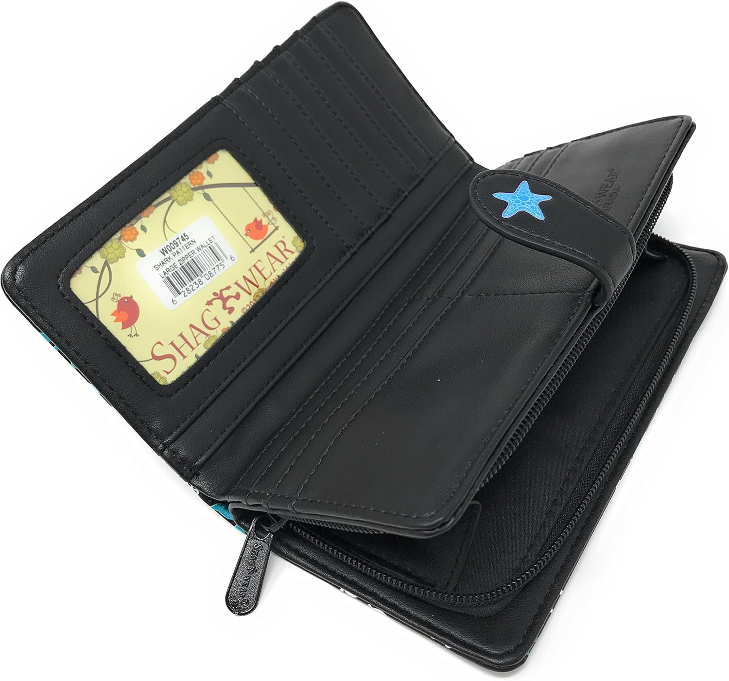 Shag Wear Shark Pattern Large Wallet for Women and Teen Girls Vegan Faux Leather Black 7" - Image 4