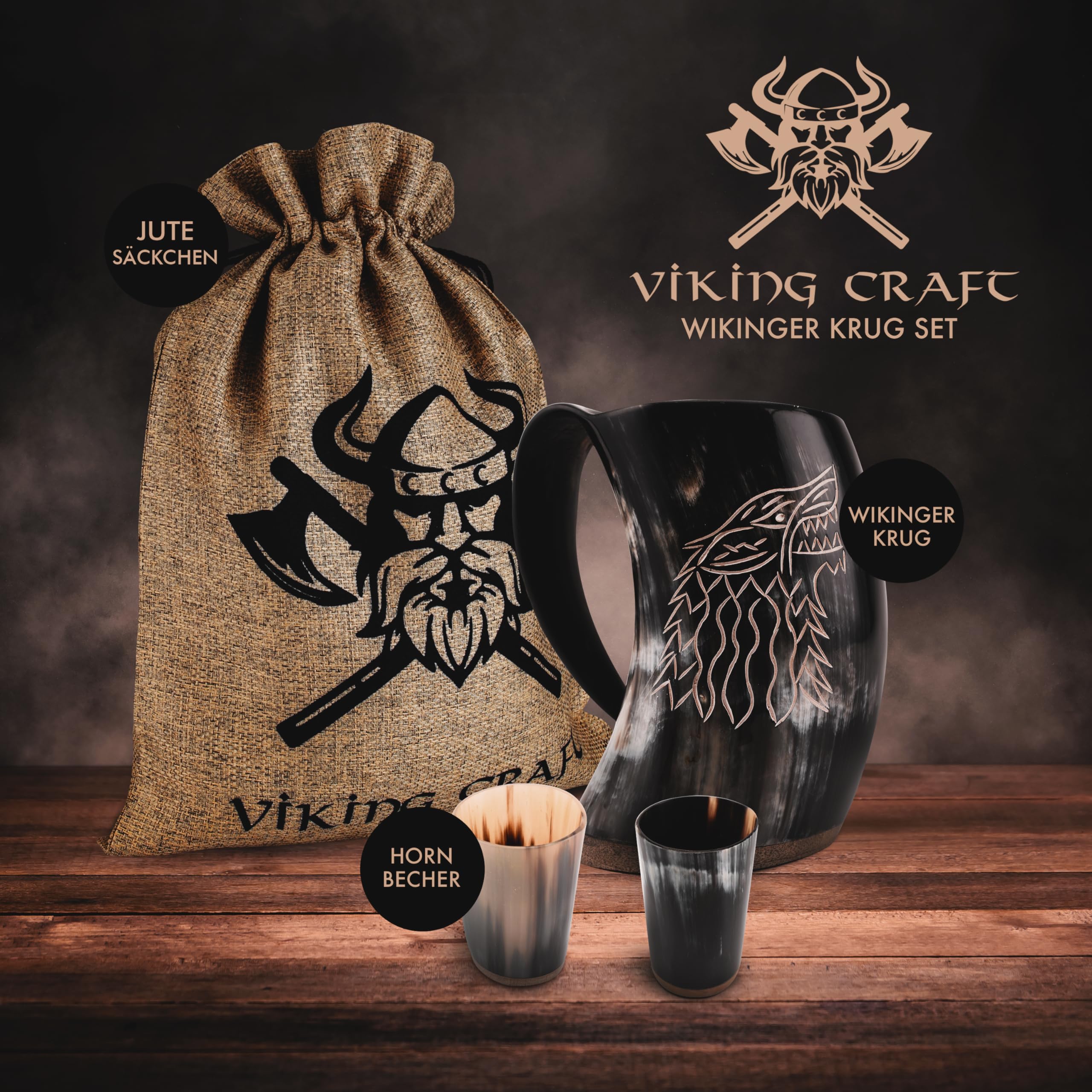 VIKING CRAFT® Trinkhorn Wikinger Krug 600ml - Großer Hornkrug Fenrir und 2 Becher für Deinen Wikinger Met Honigwein - Hornbecher, Wikinger Deko, Mittelalter, LARP