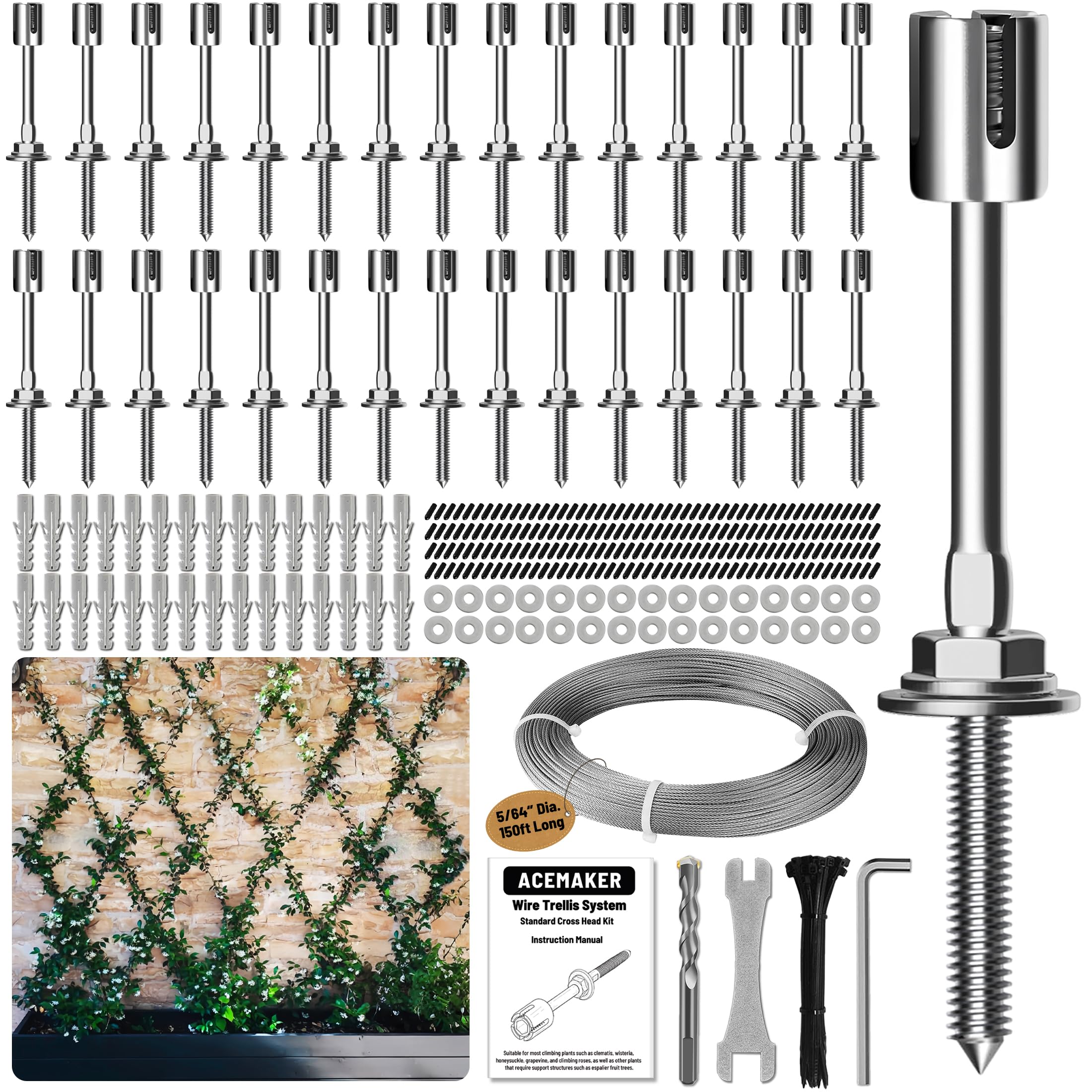 Acemaker Wire Trellis for Climbing Plants Outdoor, 30-Set Wall Wire Trellis Kit with 5/64"(2mm) x 150ft Stainless Steel Cable, T316 Espalier System