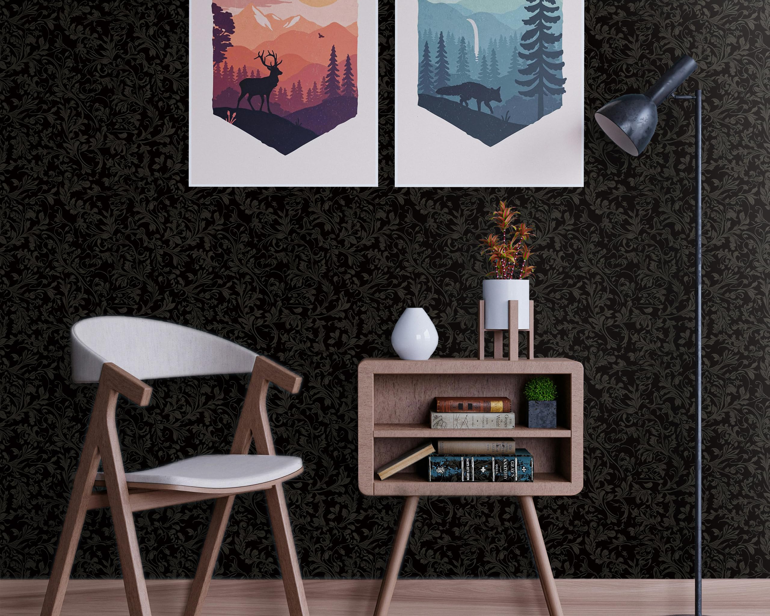 FLFK Gothic Black Wallpaper Peel and Stick Vintage Floral Wall Paper 16in x 128in(40cm x 325cm) Self Adhesive Removable Vinly Contact Paper for Bedroom Bathroom Shlef Cabinet Drawers Décor — view 4