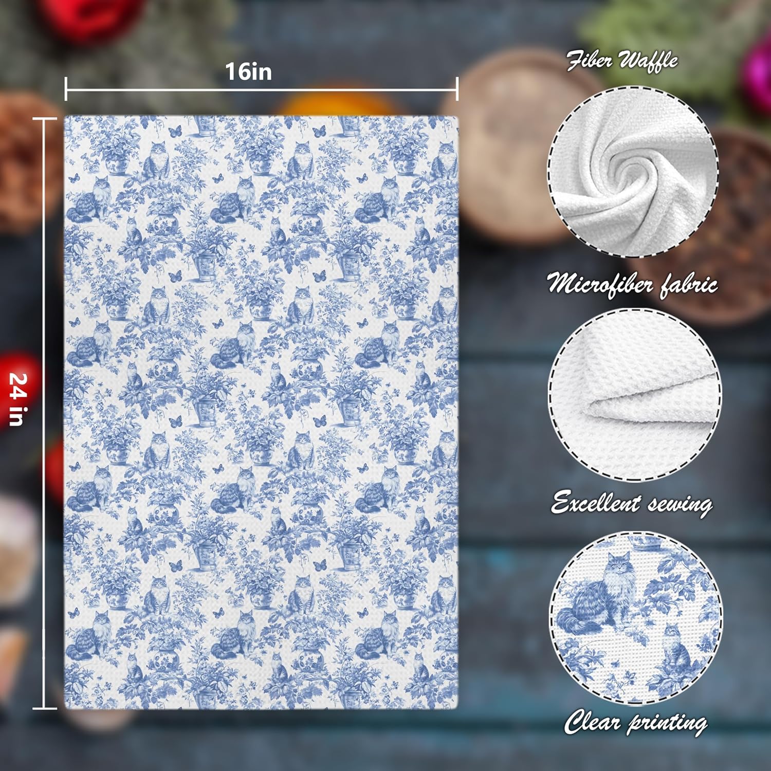 Chinoiserie Floral Maine Coon Kitchen Towels,Blue and White Cat Decor Kitchen Dish Tea Towels Bathroom Gifts for cat Lovers Women Men,16x24 Inch - Image 2