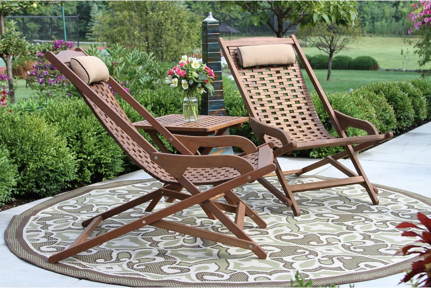 3 Pc. Eucalyptus Folding Swing Lounger Set with Accent Table Brown Bohemian Eclectic Chairs Side