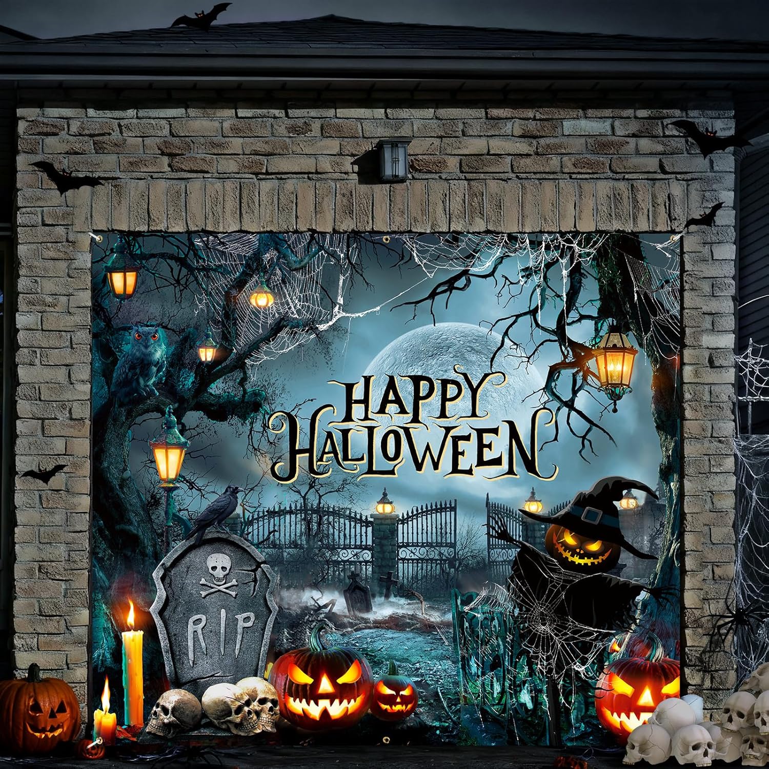 Teenyyou Halloween Garage Door Cover 7 x 8 ft Halloween Garage Door Decorations Horror Moon Cemetery Backdrop Banner Cover for Holiday Outdoor Home Yard Wall Decor Supplies