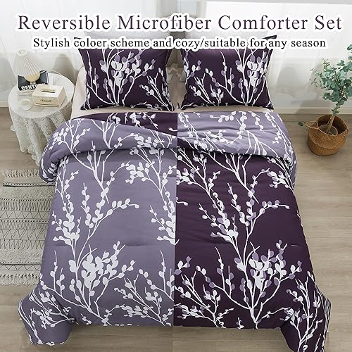Miniatura 2 de Andency Juego de edredón morado tamaño matrimonial (79 x 90 pulgadas)  Juego de cama reversible de 3 piezas de microfibra suave y ligera con ramas
