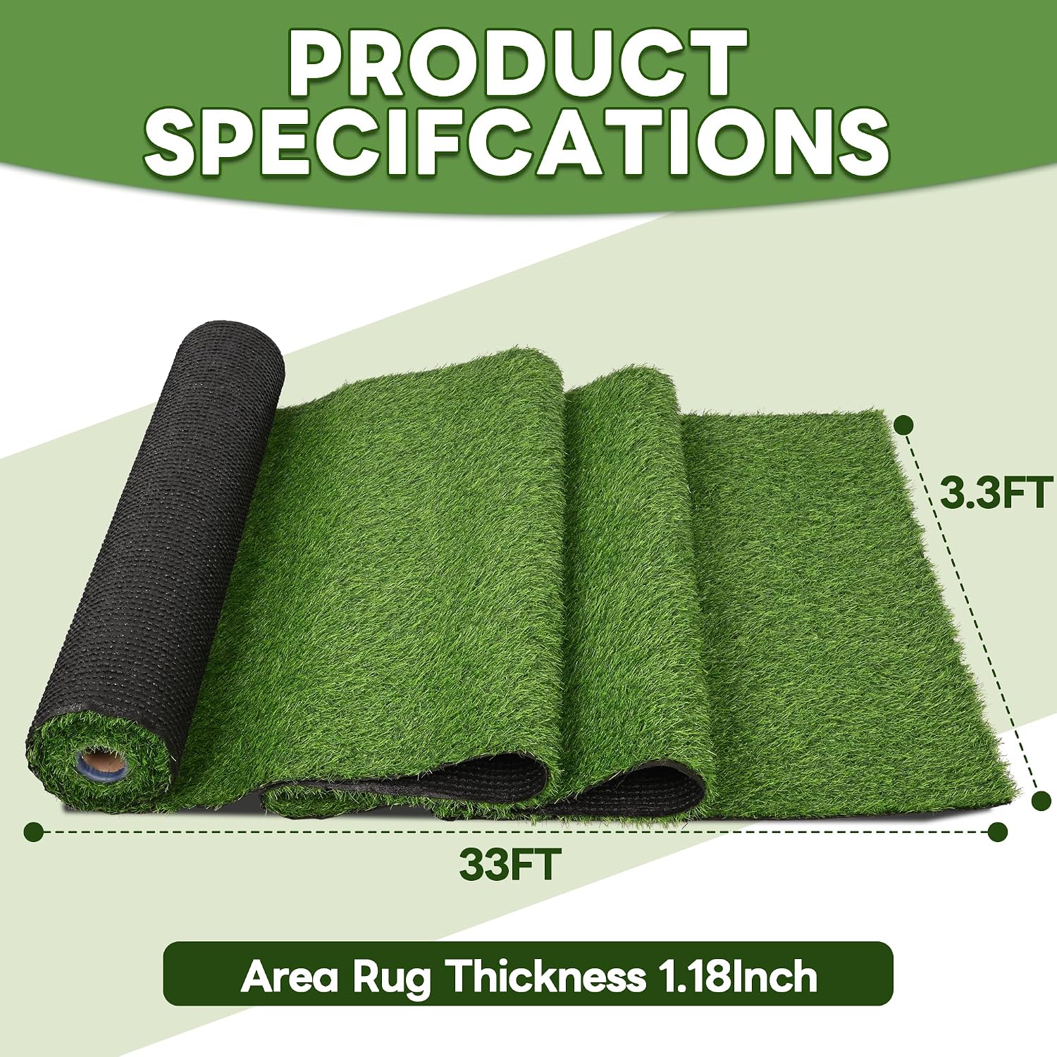 3.3 ft x 33 ft Large Artificial Grass Turf Rug 1.18" Thick Synthetic Grass Mat Fake Grass Lawn Carpet Roll Mat with Drain Holes for Garden Landscape Dogs Pee Indoor Outdoor