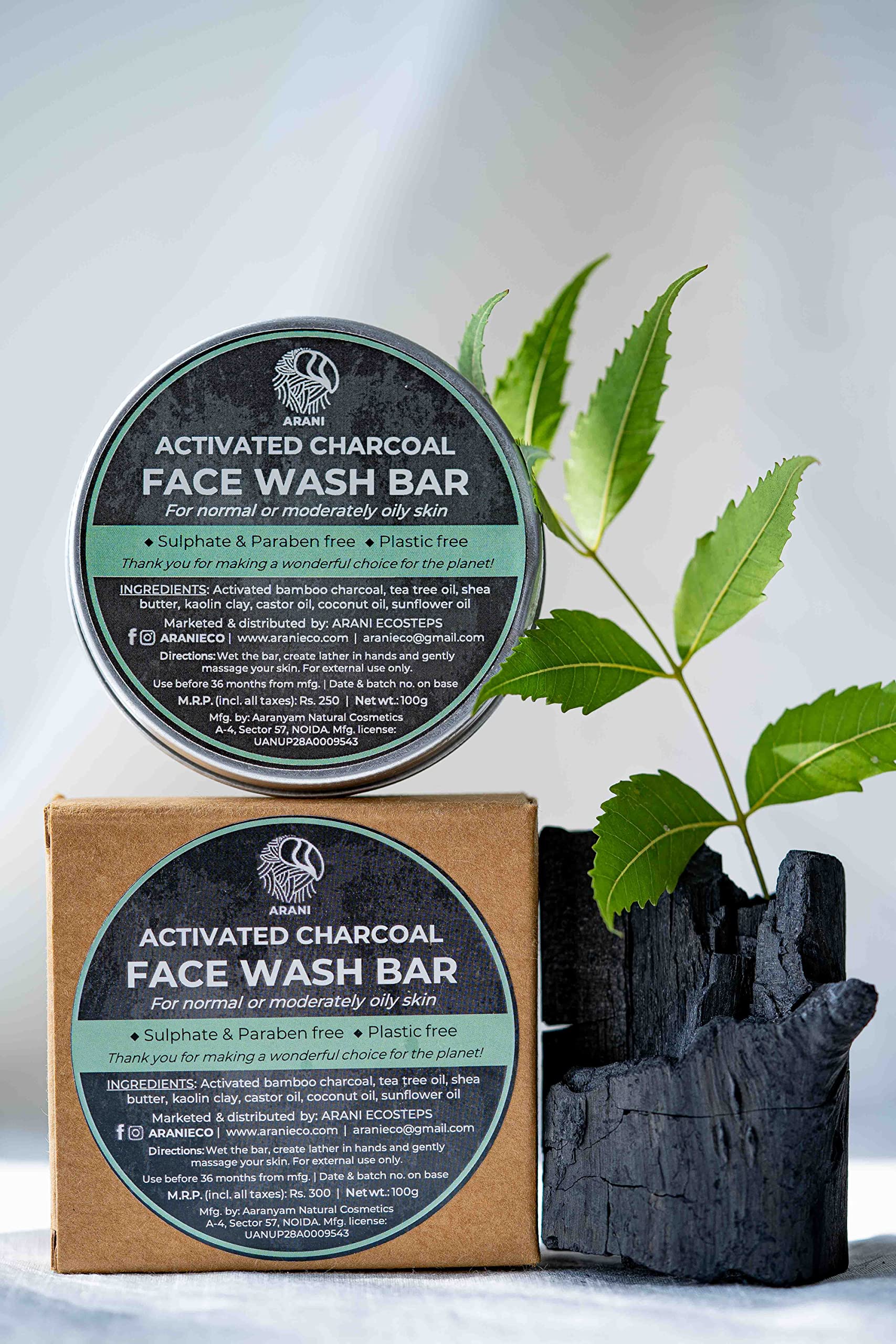 Arani Eco Activated Charcoal Facewash Bar | For acne-prone, oily skin | Sulphate & Paraben-Free, Plastic-Free