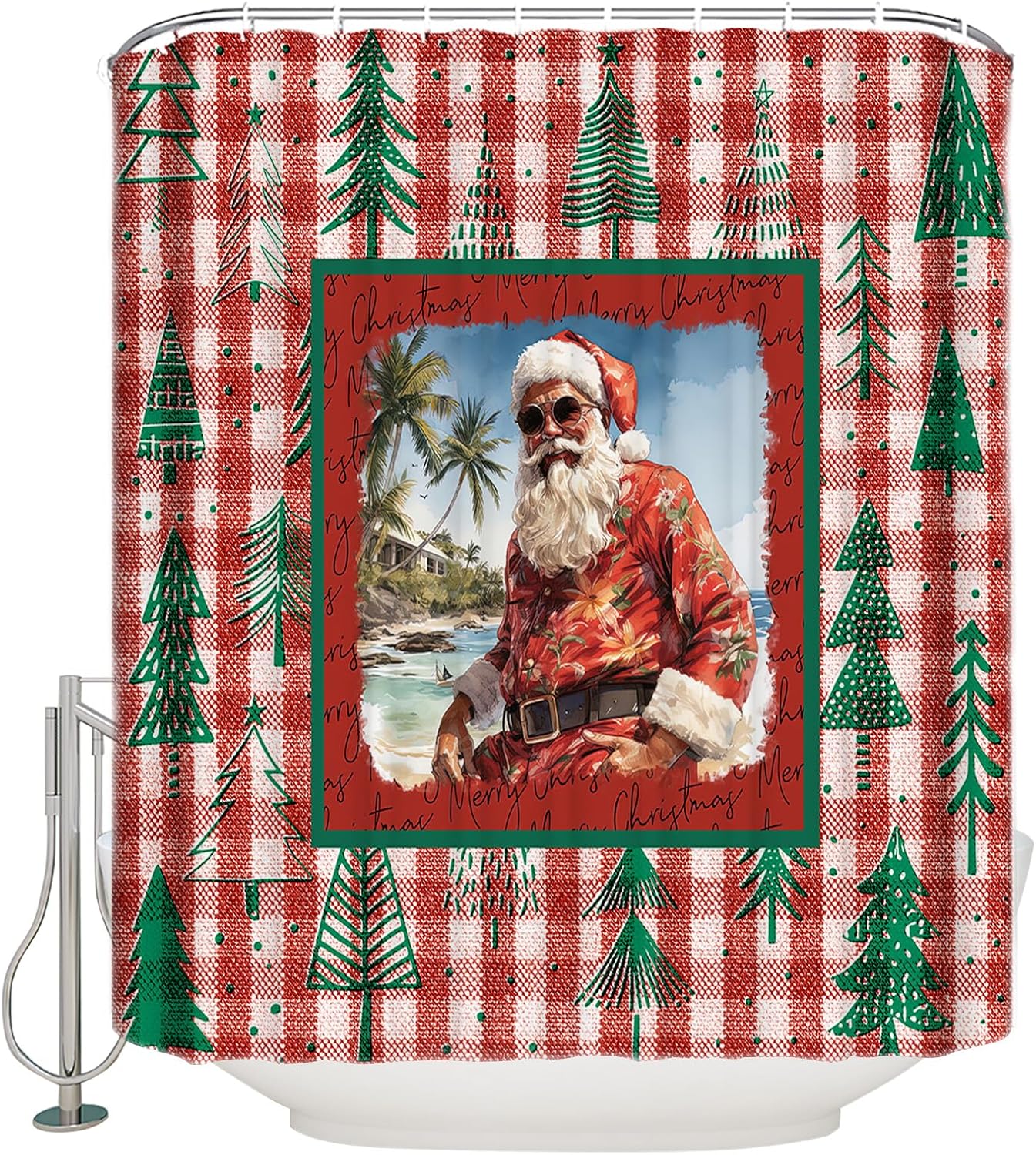 Christmas Fabric Shower Curtain 36x72 Inch, Christmas Beach Vacation Santa Claus Shower Curtain for Bathroom with Hooks,Waterproof Bath Shower Curtain Sets Decorative Bathroom Accessories