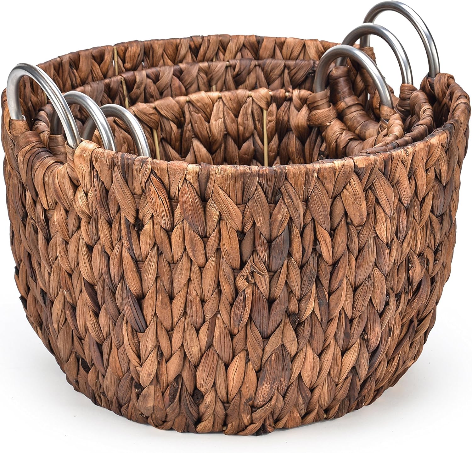 Trademark Innovations Set of 3 Round Hyacinth Baskets with Stainless Steel Handles-Rich Chocolate Finish