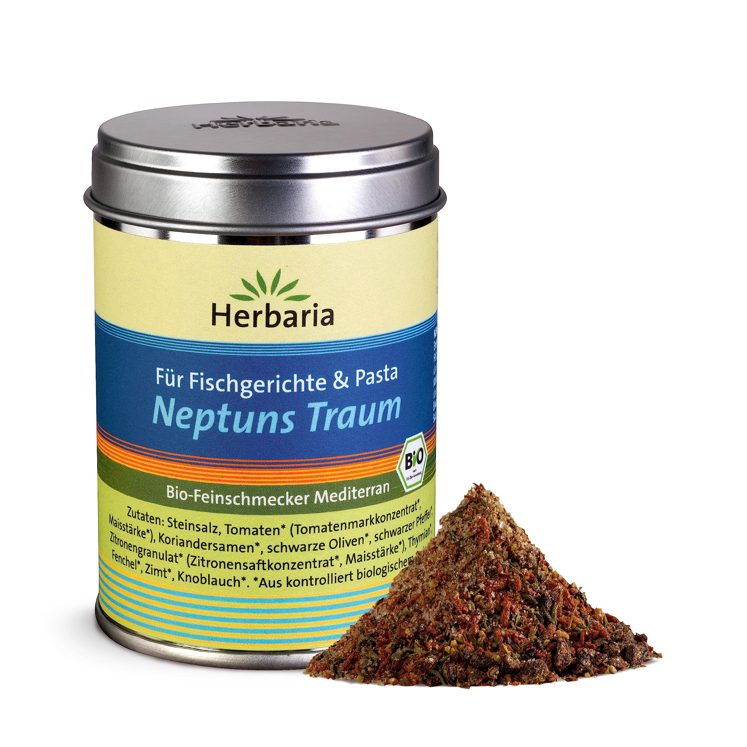 Herbaria Neptuns Traum bio 100g M-Dose - fertige Bio-Gewürzmischung für mediterrane Fischgerichte & Pasta – mediterrane Gewürzmischung - mit erlesenen Zutaten - in nachhaltiger Aromaschutz-Dose