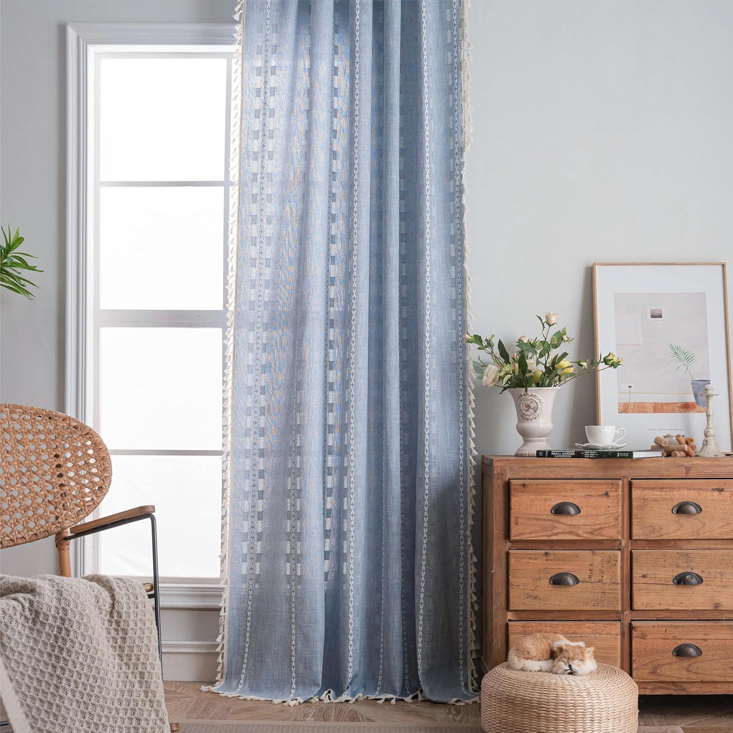 Sutuo Home Boho Curtains 84 inches Long for Bedroom Living Room,Light Filtering Farmhouse Hollow Vintage Chic Tassels Window Treatment Bohemian Drape Decor Rod Pocket,1 Panel,52" W x 84" L,Denim Blue
