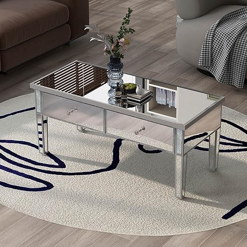 VZADGWA Newly Design - Mesa de centro con espejo de vidrio con 2 cajones mesa de cóctel moderna con asas de cristal patas de altura ajustables mesa