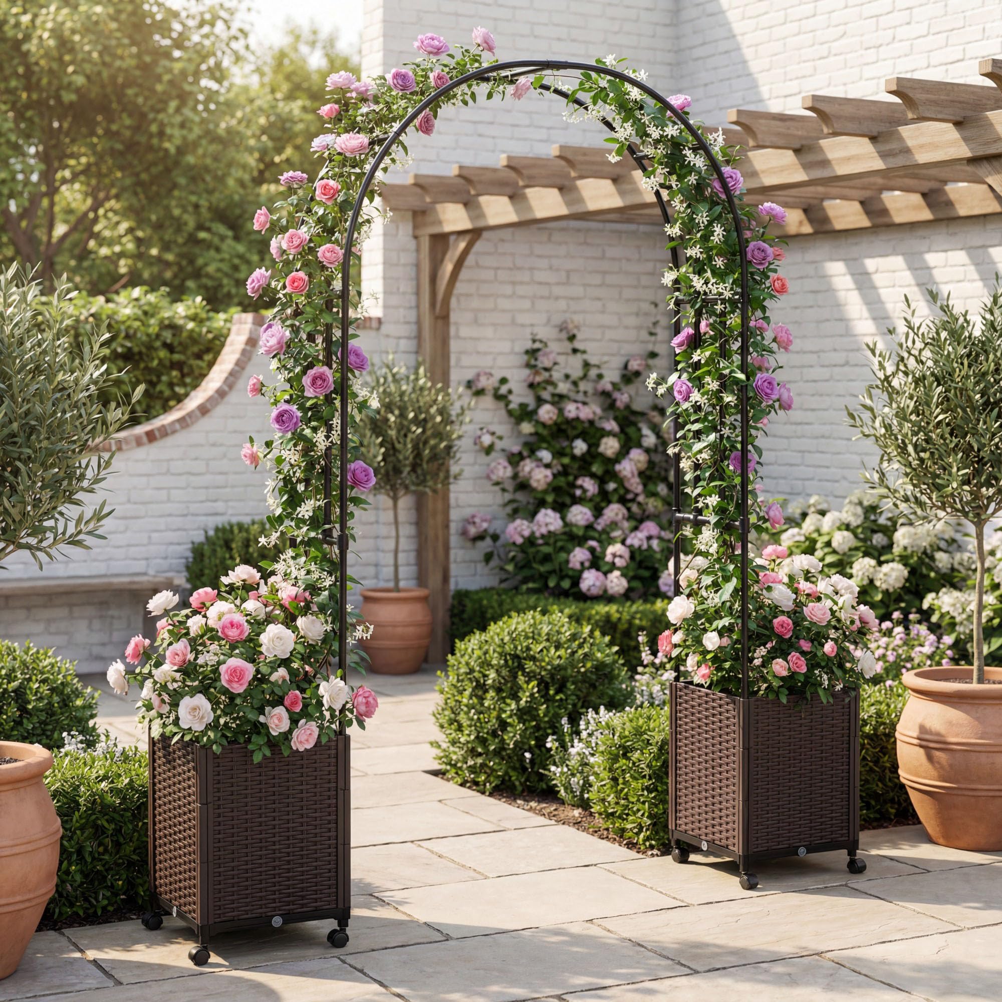 GOPLUS Arche de Jardin avec 2 Jardinères Surélevées, Roues Verrouillables, Arche Rosier avec Treillis Arqué, Auto-Arrosage pour Plantes Grimpantes, Fleurs, Herbes, Légumes, Fruits (203x40x232CM)