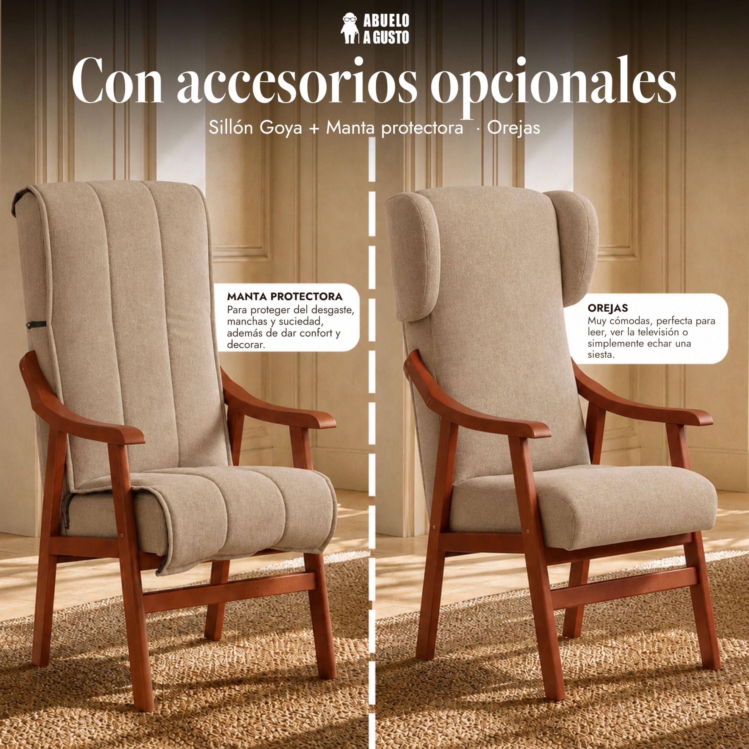 Silla Respaldo Alto Goya Tostado - Silla con Brazos para Personas Mayores - 117x57x70 cm - Sentada Alta - Postura Recta - Tela Antimanchas - Geriátrica, Cómoda y Estable, Uso Diario