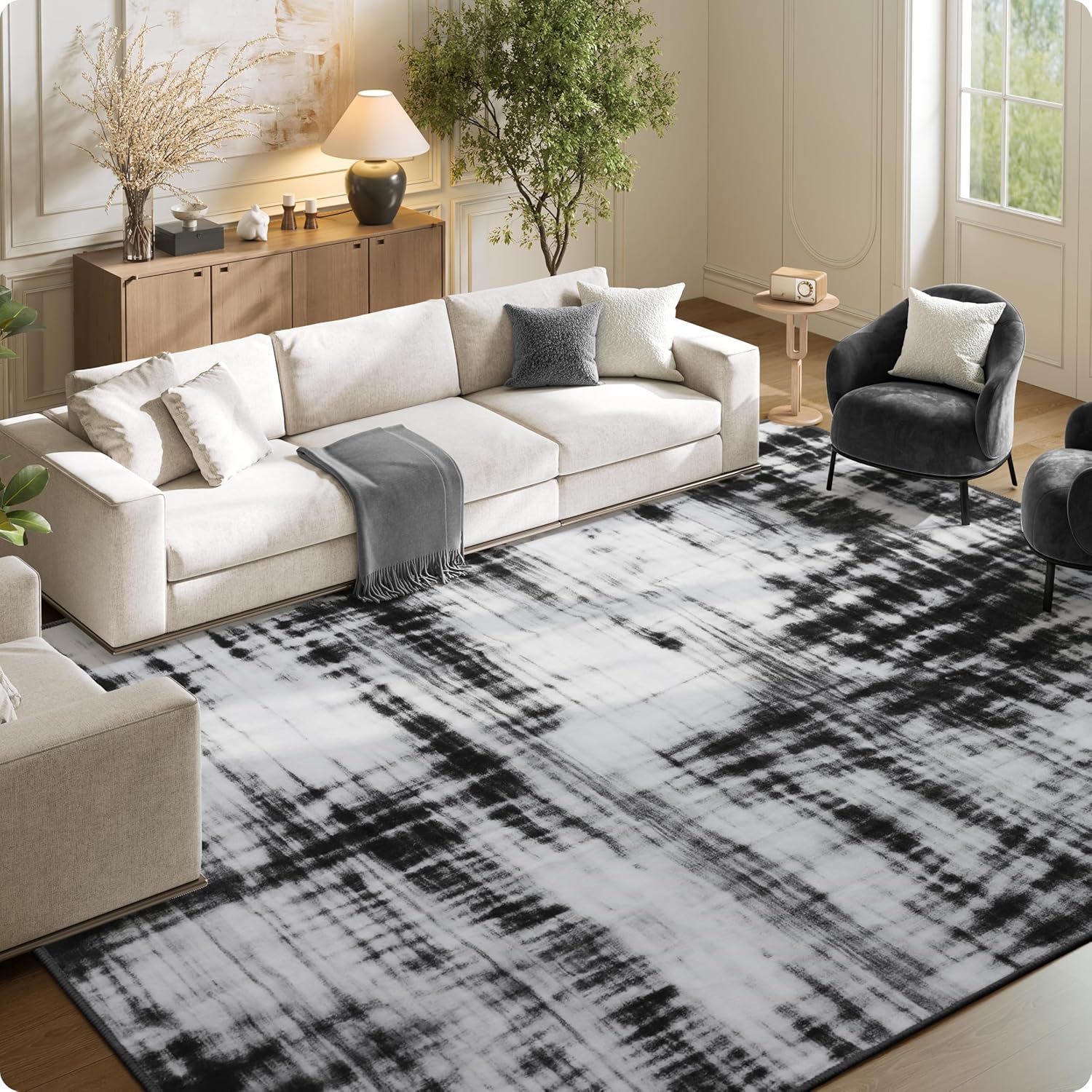 Modern Area Rug 8x10 - Non-Slip Washable Rug Living Room Carpets - Soft & Stain Resistant Rug for Home Bedroom Dining Room Home Office Indoor Nursery Black and White